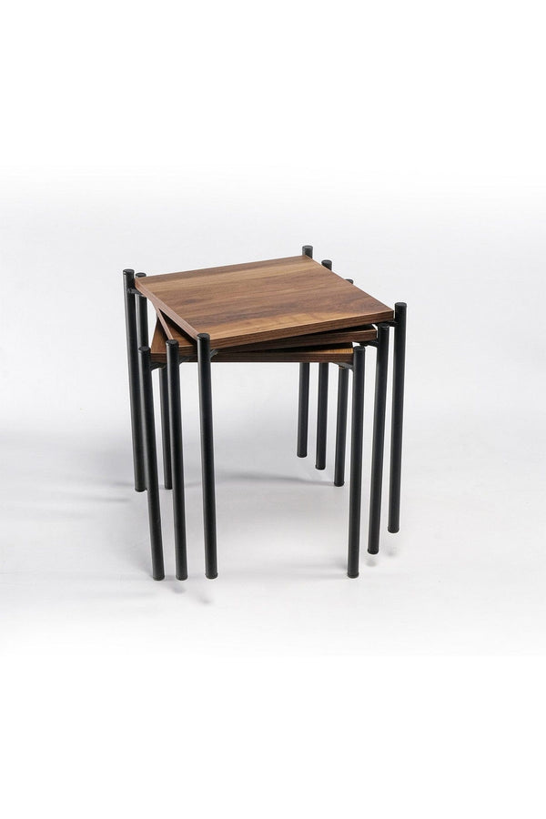 Set 3 masute KARE ZIGON, nuc/negru, PAL melaminat/metal, 35x35x46 cm