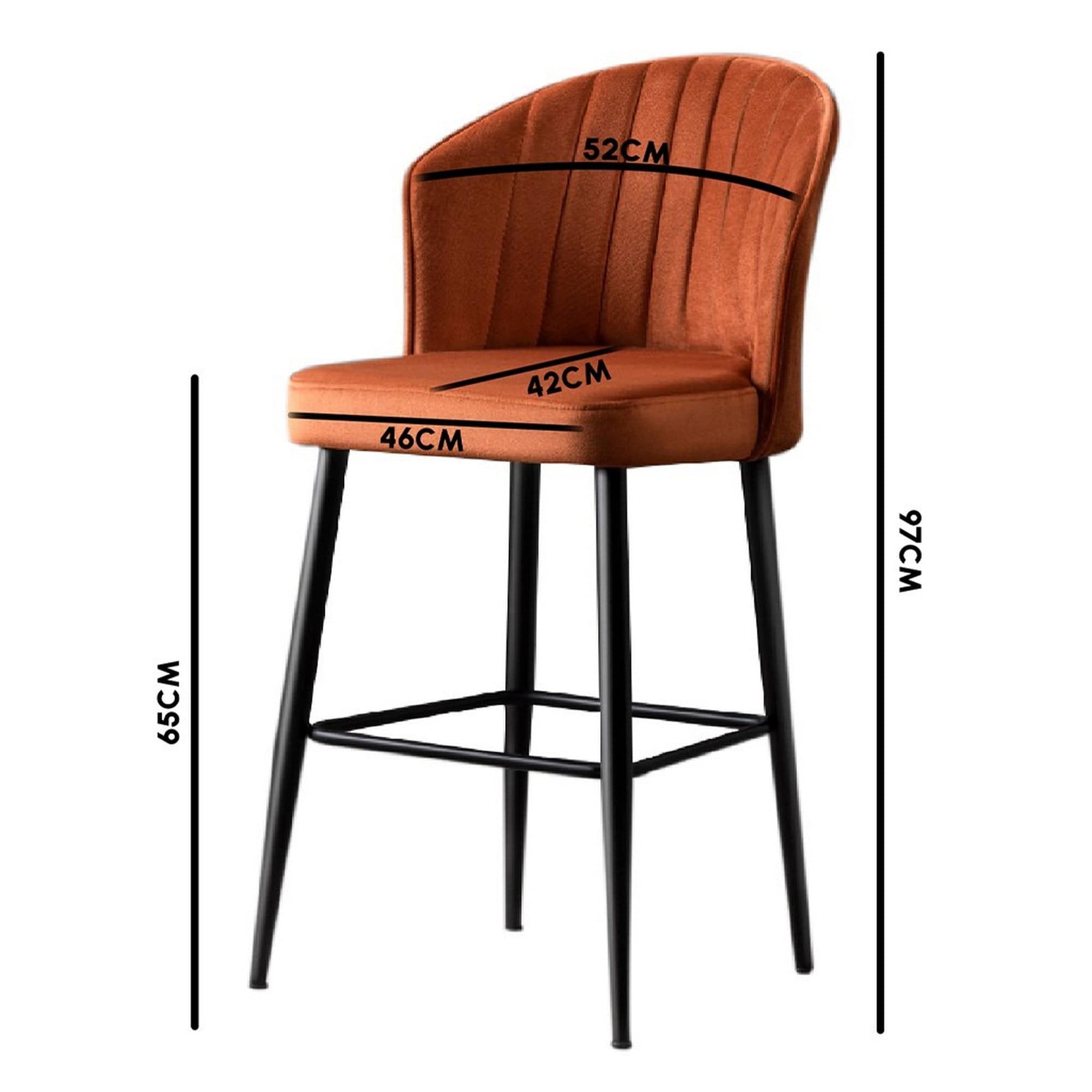 Set 4 scaune bar RUBI, caramiziu/negru, stofa catifelata/metal, 52x42x97 cm