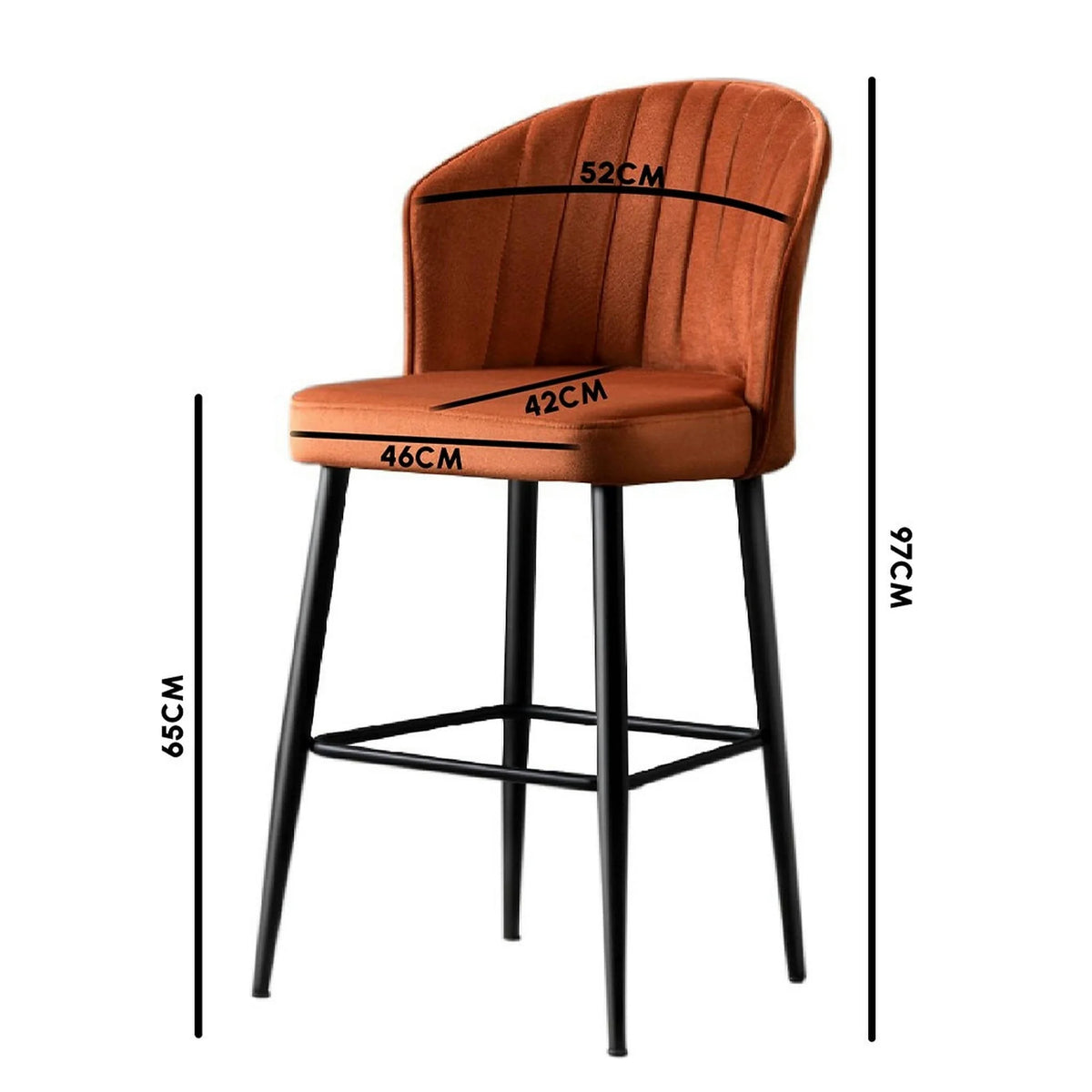 Set 4 scaune bar RUBI, caramiziu/negru, stofa catifelata/metal, 52x42x97 cm