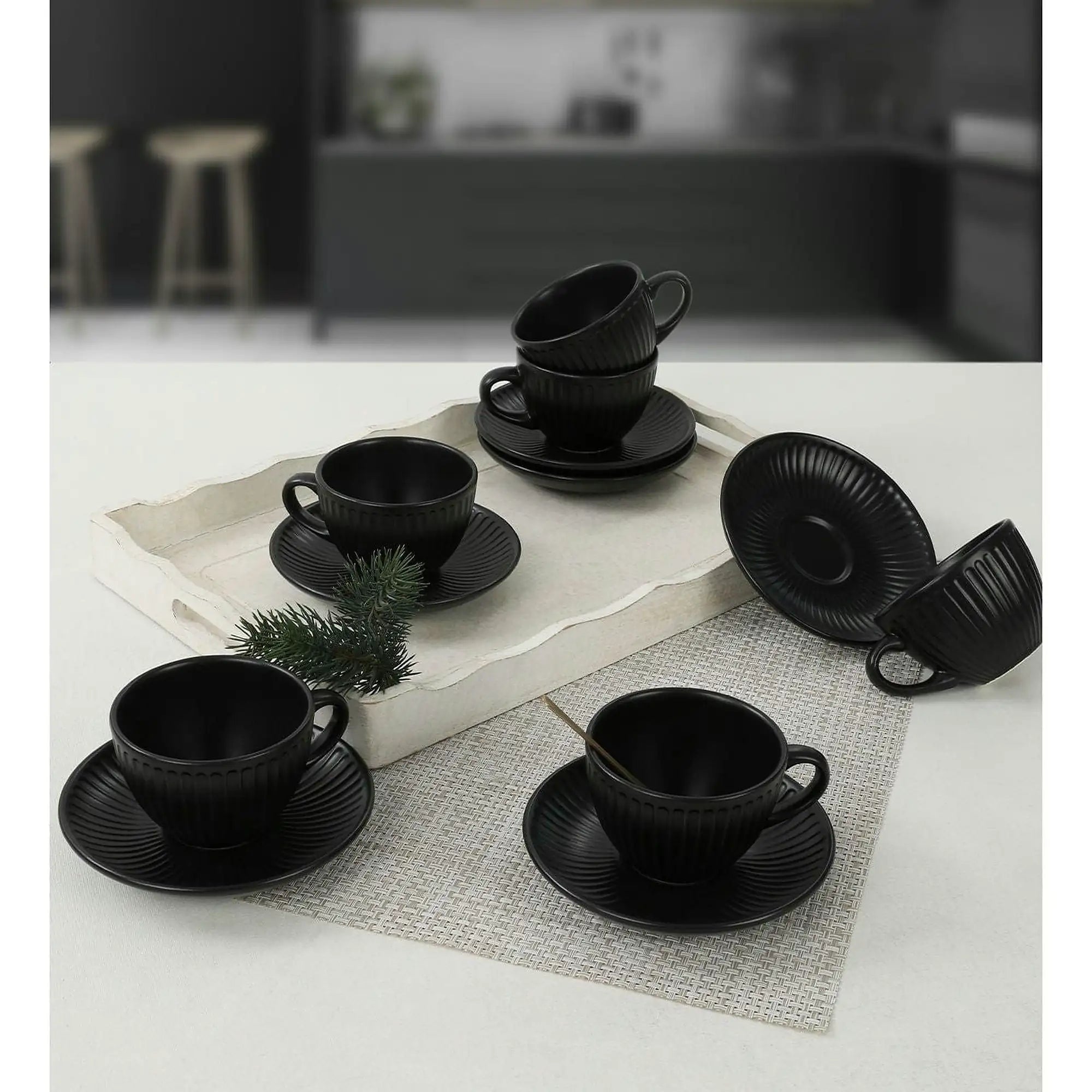 Set 6 cesti cu 6 farfurii 275KRM1526, negru, ceramica, 215 ml