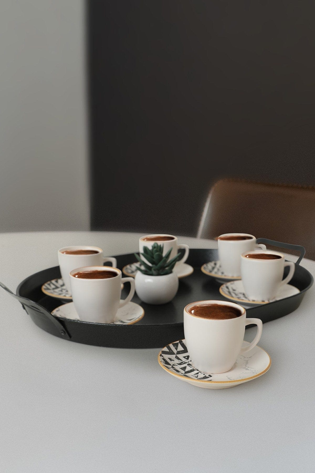 Set 6 cesti cu 6 farfurii 275KRM1926, alb/negru, ceramica, 110 ml