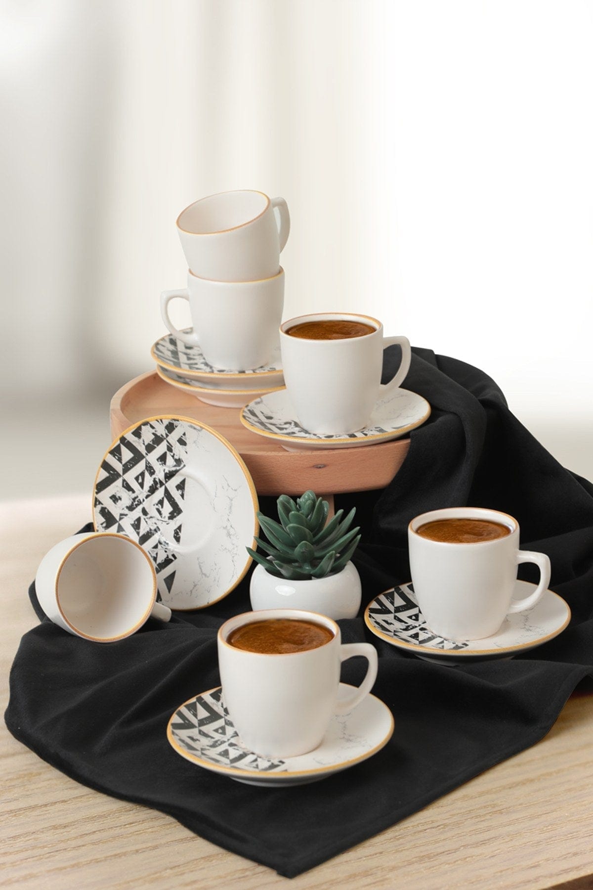 Set 6 cesti cu 6 farfurii 275KRM1926, alb/negru, ceramica, 110 ml