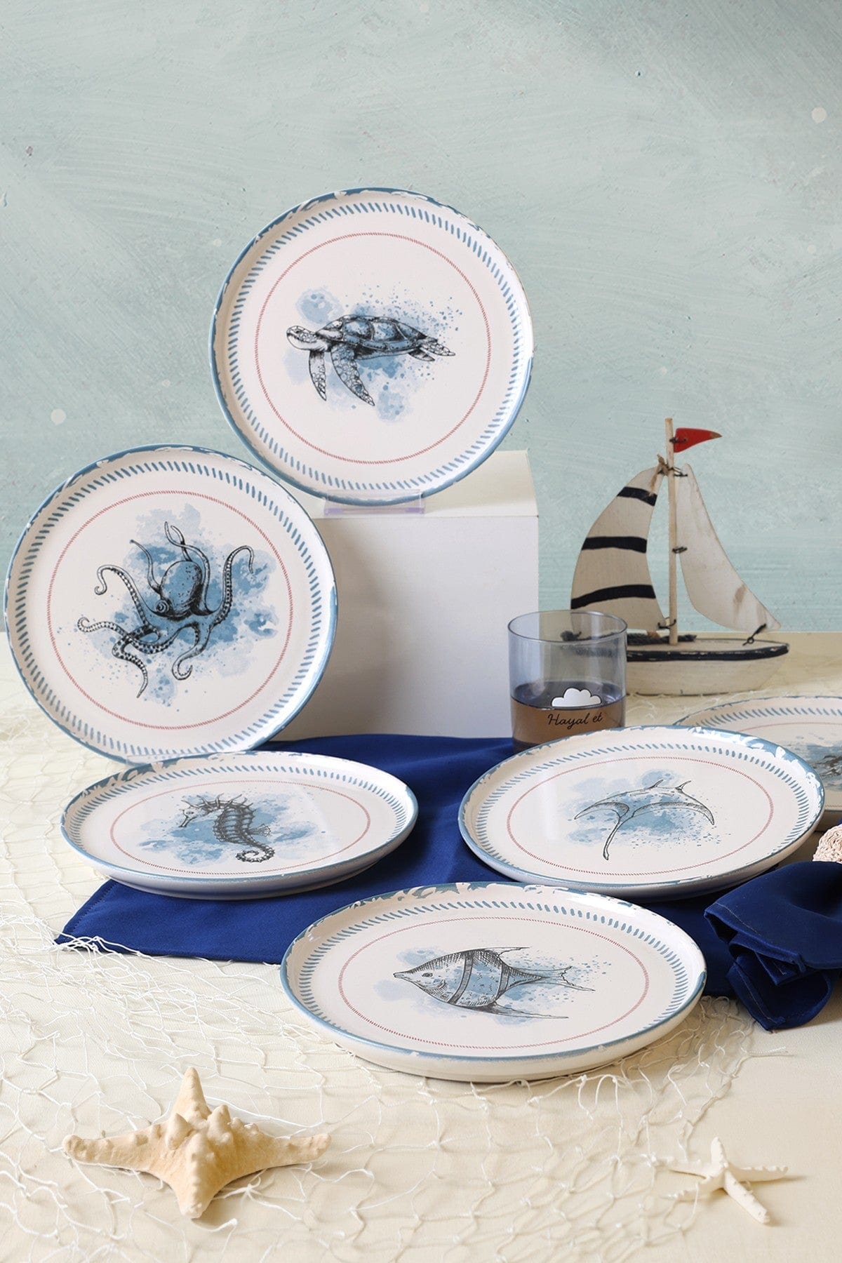Set 6 farfurii 275KRM2321, alb/albastru, ceramica, 22 cm