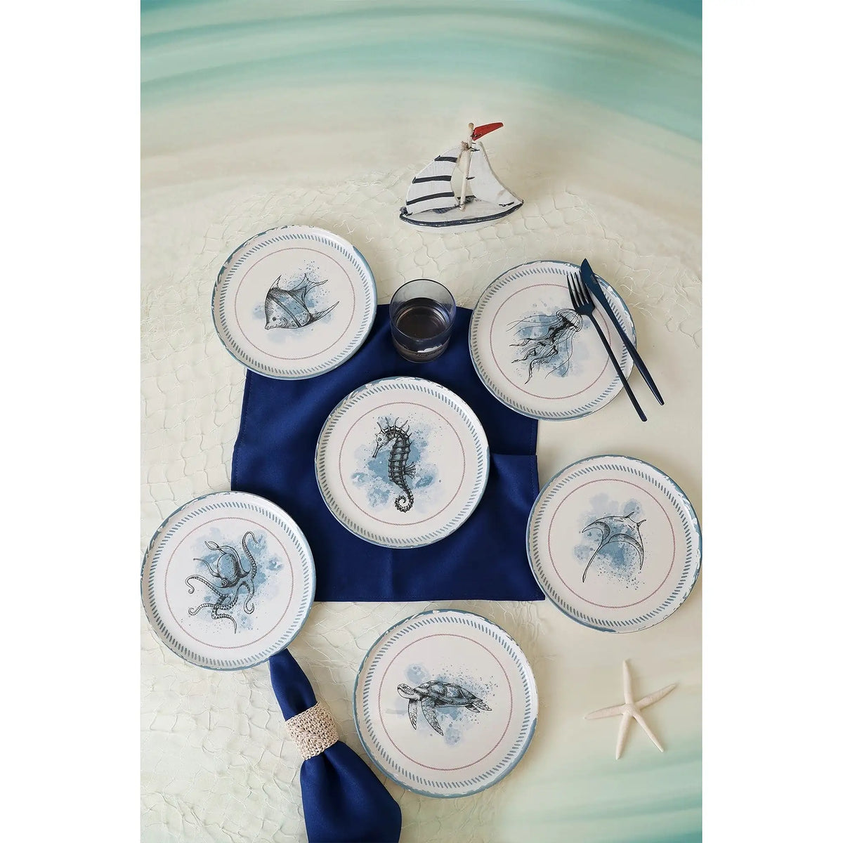 Set 6 farfurii 275KRM2321, alb/albastru, ceramica, 22 cm