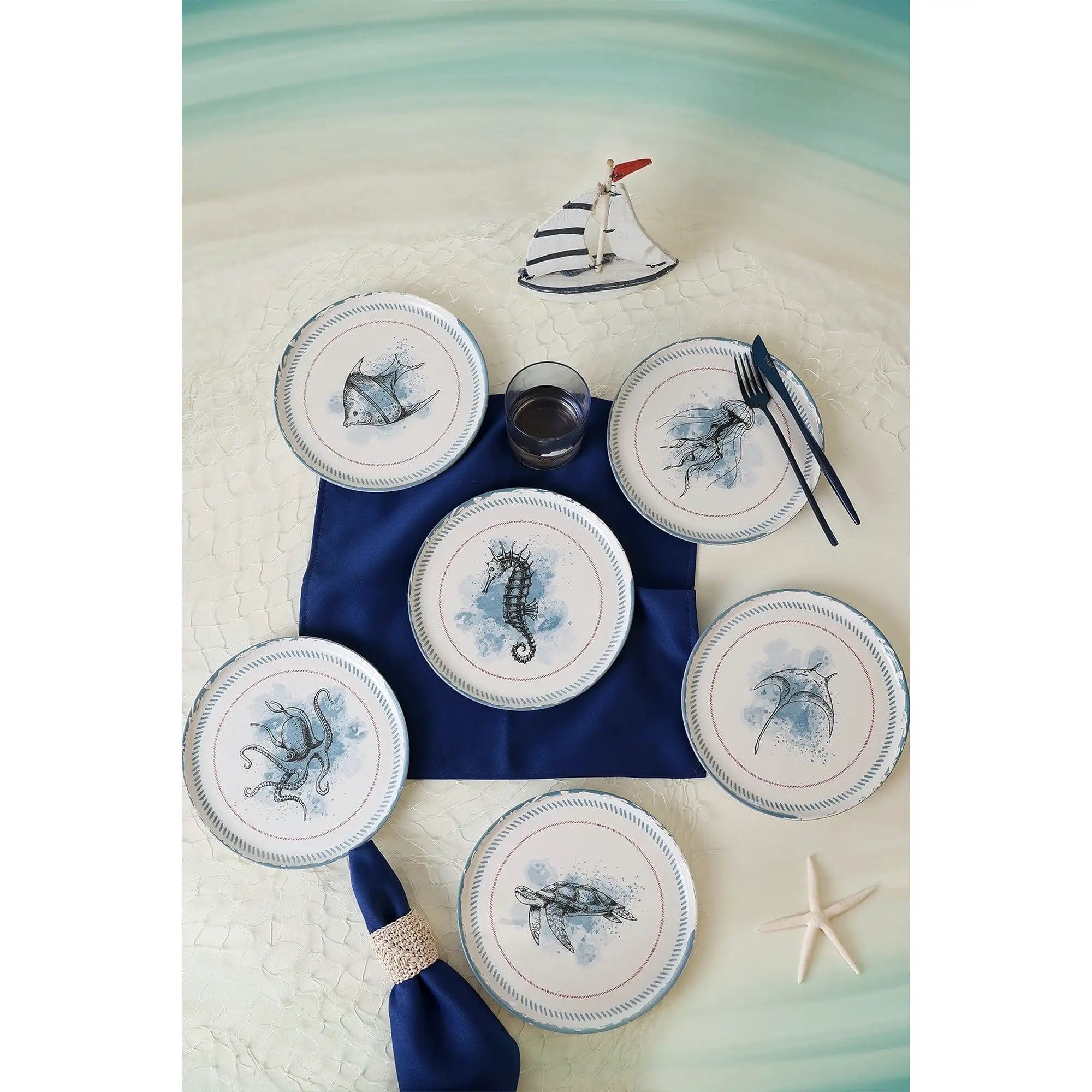 Set 6 farfurii 275KRM2321, alb/albastru, ceramica, 22 cm