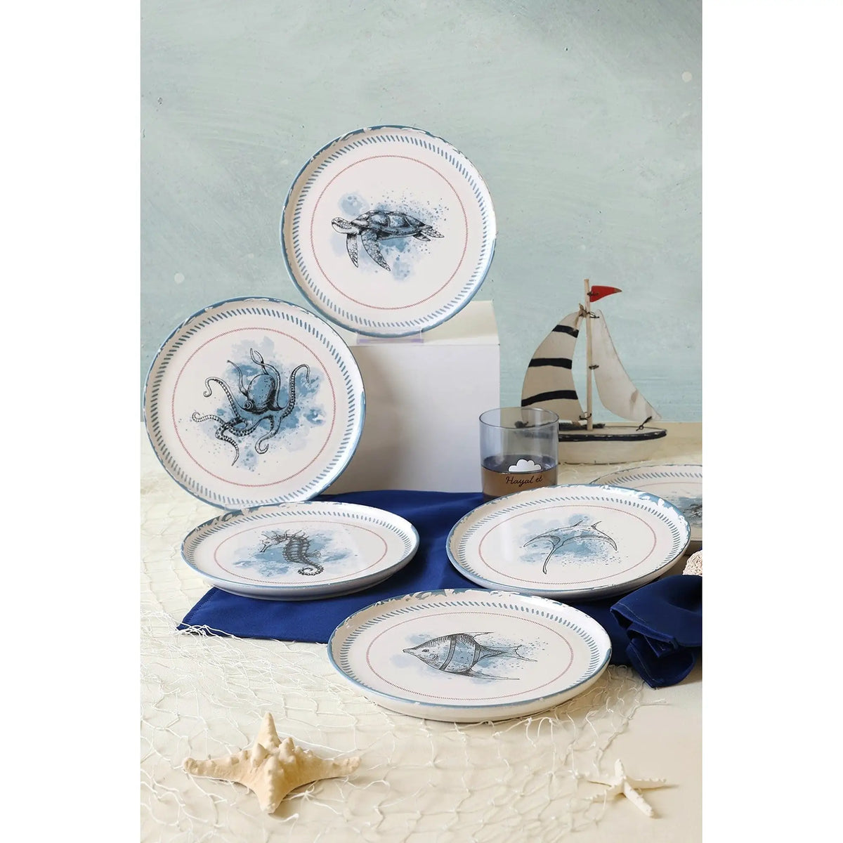 Set 6 farfurii 275KRM2321, alb/albastru, ceramica, 22 cm