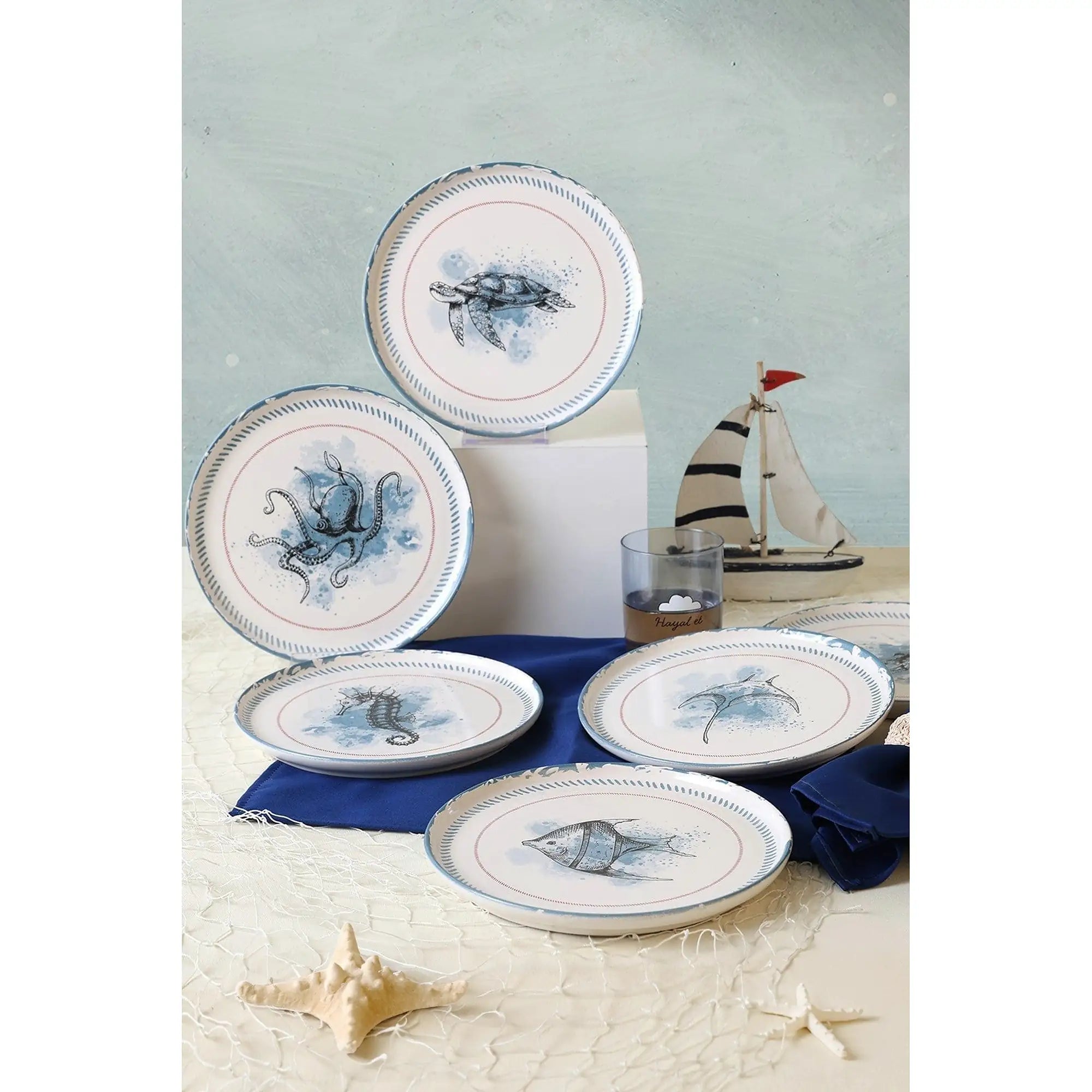 Set 6 farfurii 275KRM2321, alb/albastru, ceramica, 22 cm