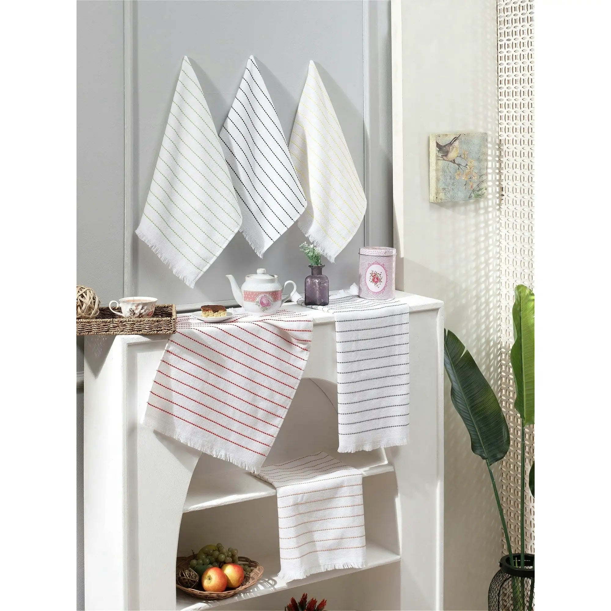 Set 6 prosoape bucatarie CIZGI, alb/albastru/rosu, bumbac, 50x70 cm
