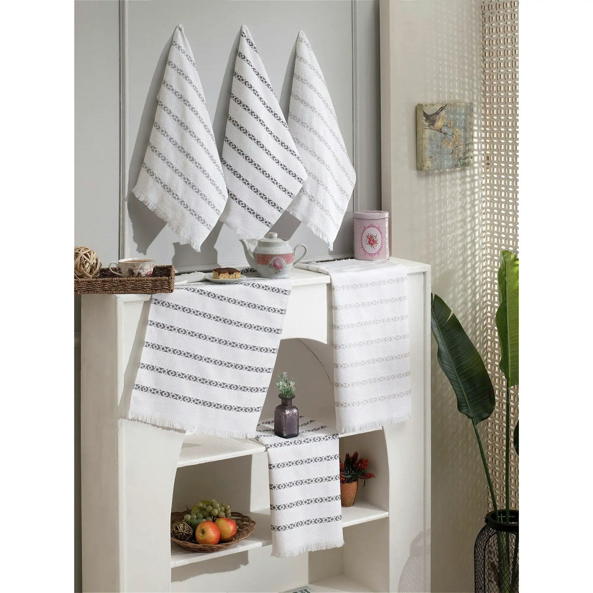 Set 6 prosoape bucatarie MOZAIK, alb/gri, bumbac, 50x70 cm