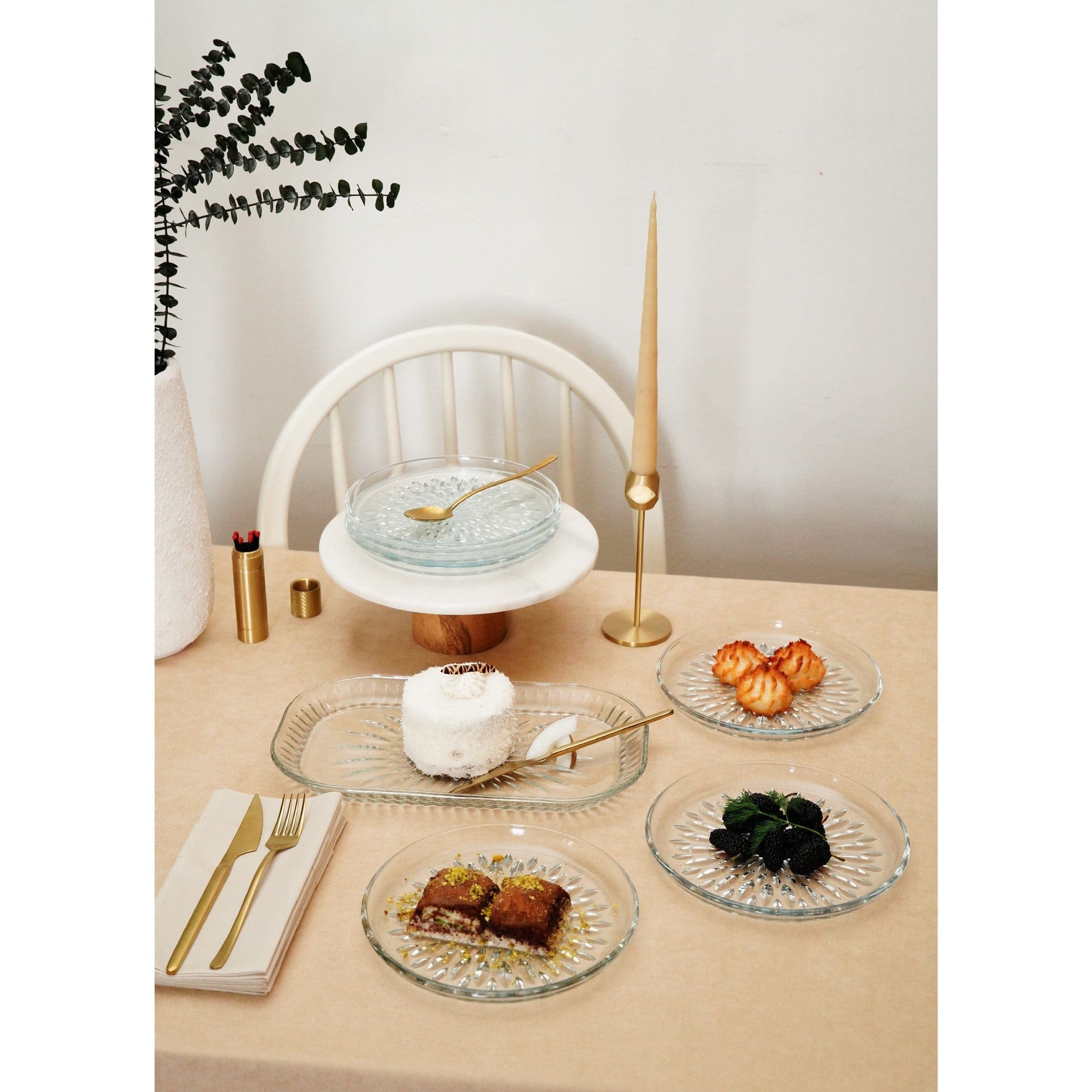 Set 7 farfurii desert 964FRM5615, transparent, sticla, cu platou
