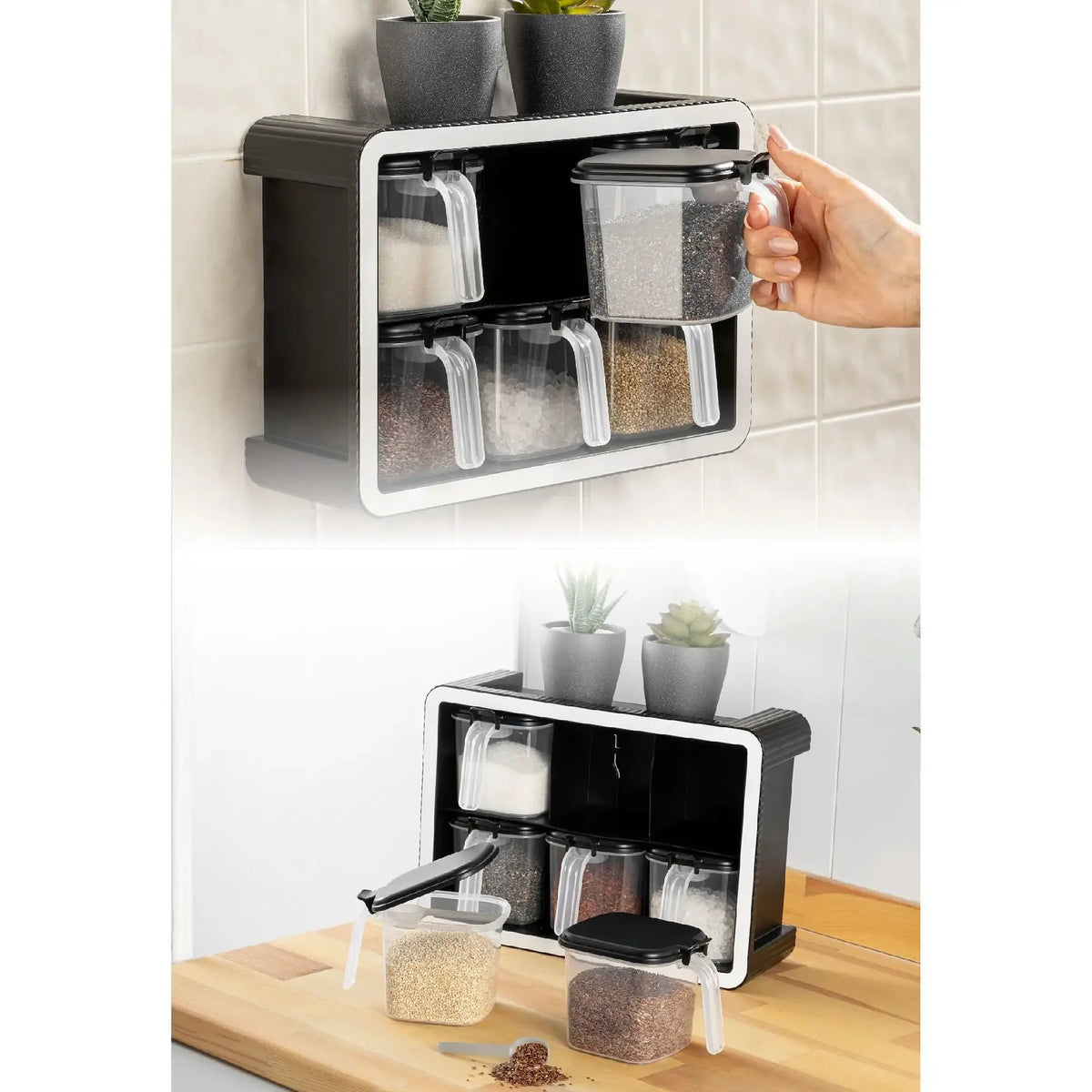 Set borcane condimente BNM-9172, 7 piese, gri antracit, plastic, 10x10x9 cm
