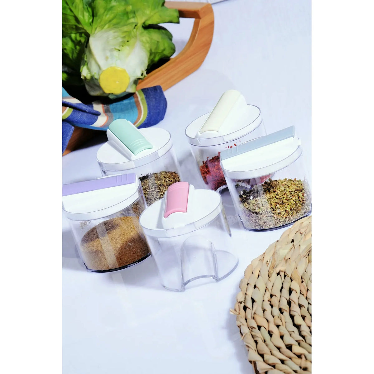 Set borcane condimente FT - 050, 5 piese, alb, acrilic, 7x7x7 cm