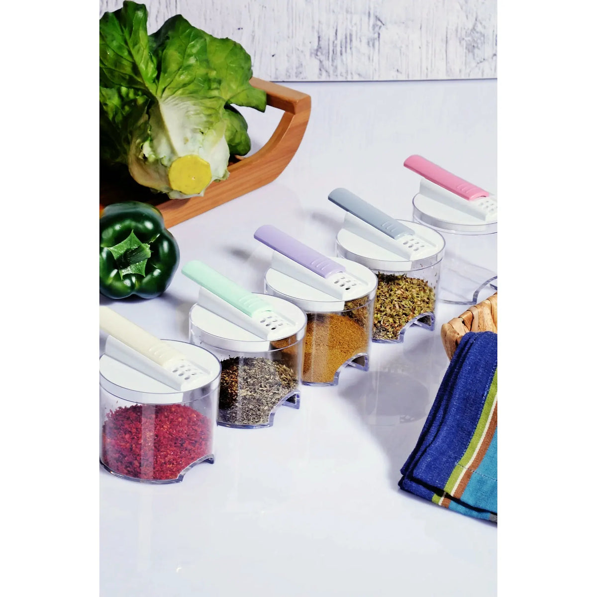 Set borcane condimente FT - 050, 5 piese, alb, acrilic, 7x7x7 cm