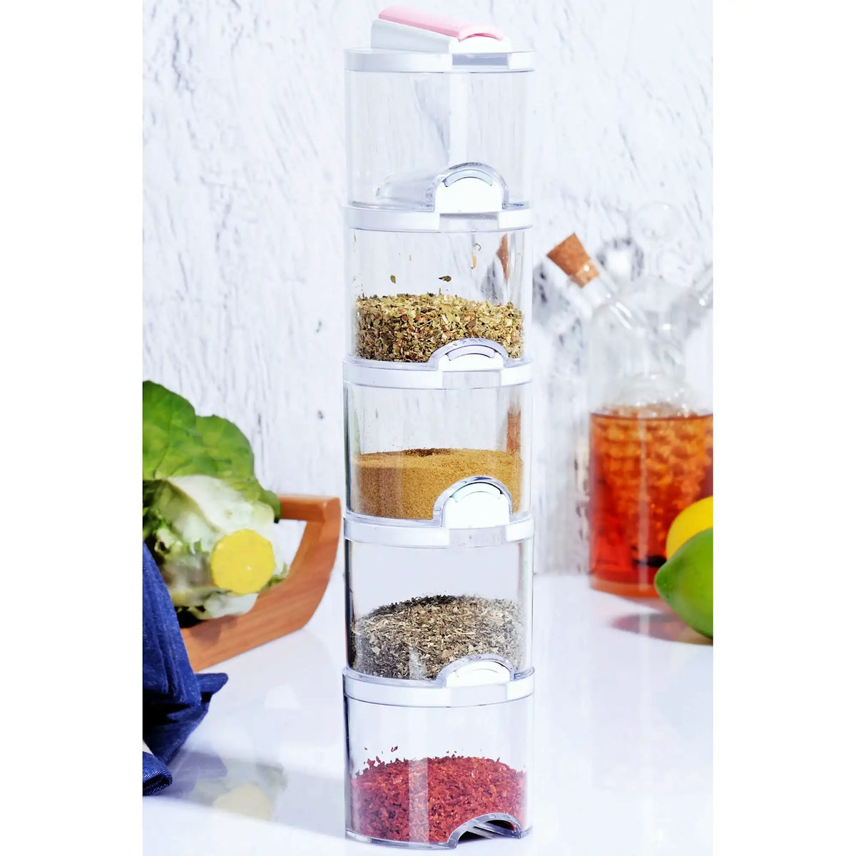 Set borcane condimente FT - 050, 5 piese, alb, acrilic, 7x7x7 cm