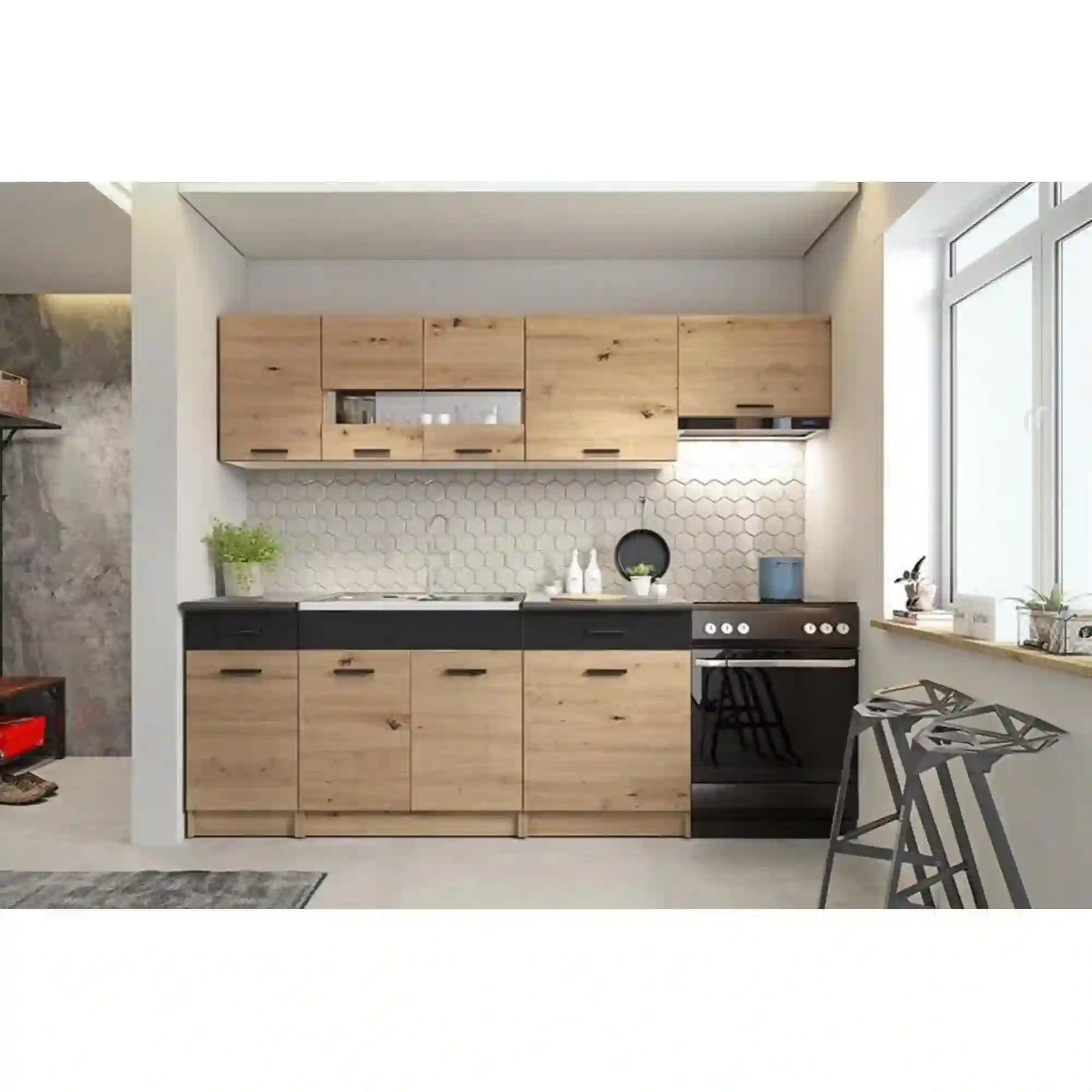 Set bucatarie ALINA, stejar artisan/negru mat/gri inchis, PAL, 240 cm