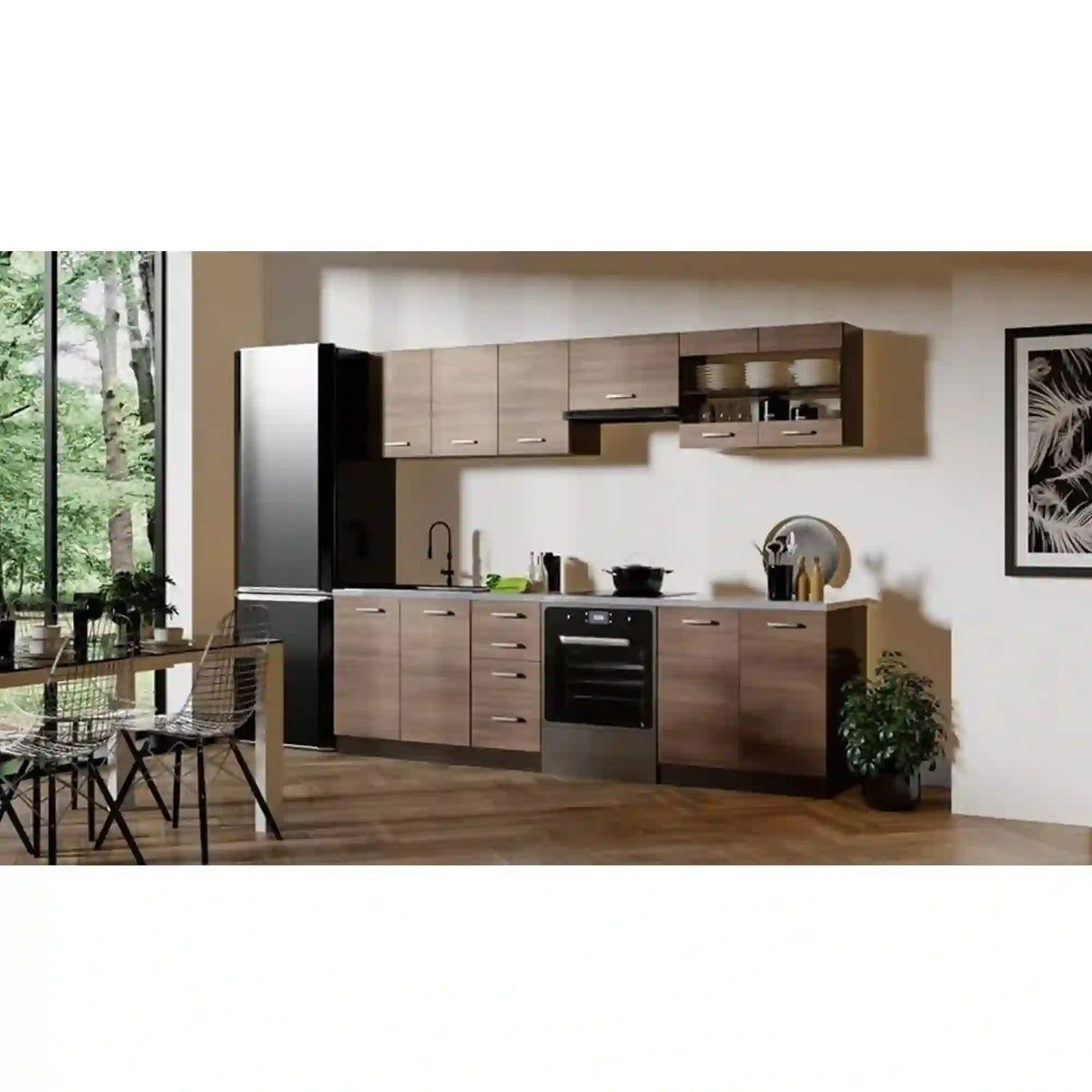 Set bucatarie AMANDA 1, stejar inchis/granit, PAL melaminat/sticla, 260 cm