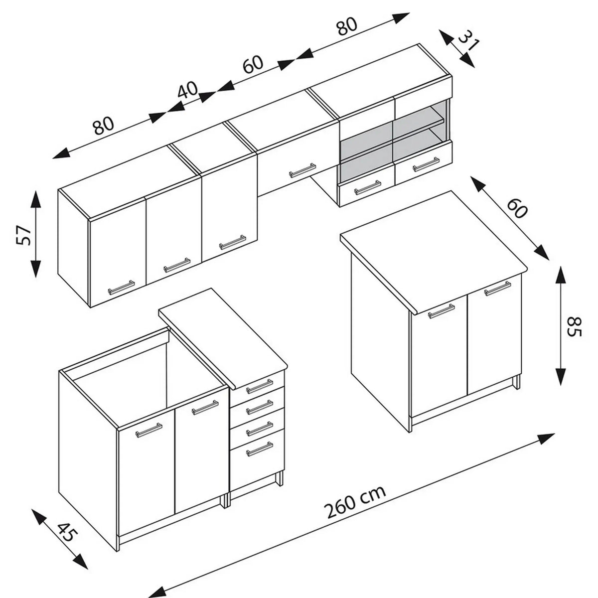 Set bucatarie AMANDA 2, stejar navara/wenge/gri granit, PAL laminat, 260 cm