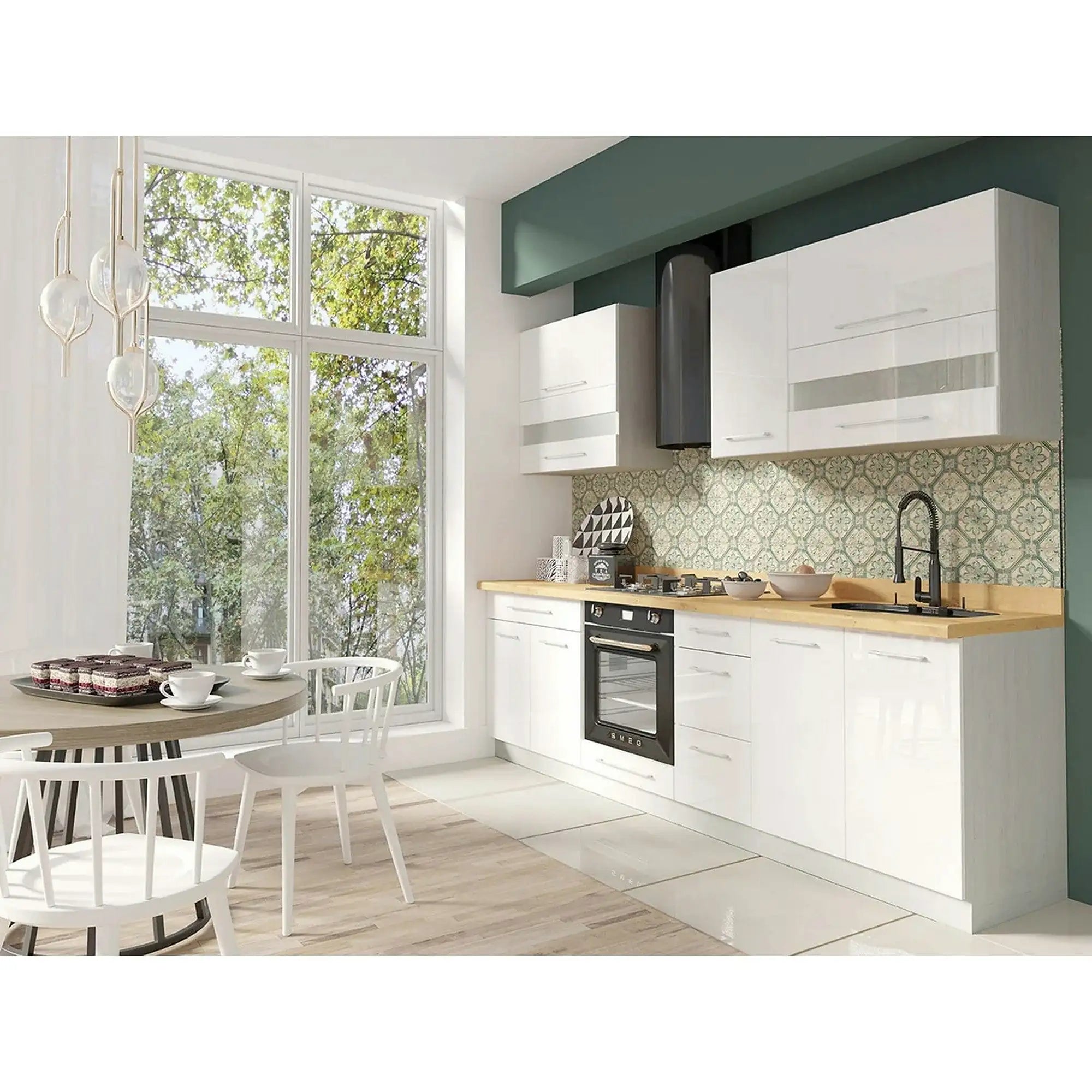Set bucatarie CREATIVA A, carcasa andersen/fronturi alb lucios, PAL, 270 cm, cu blatul artisan, plinta superioara si inferioara incluse
