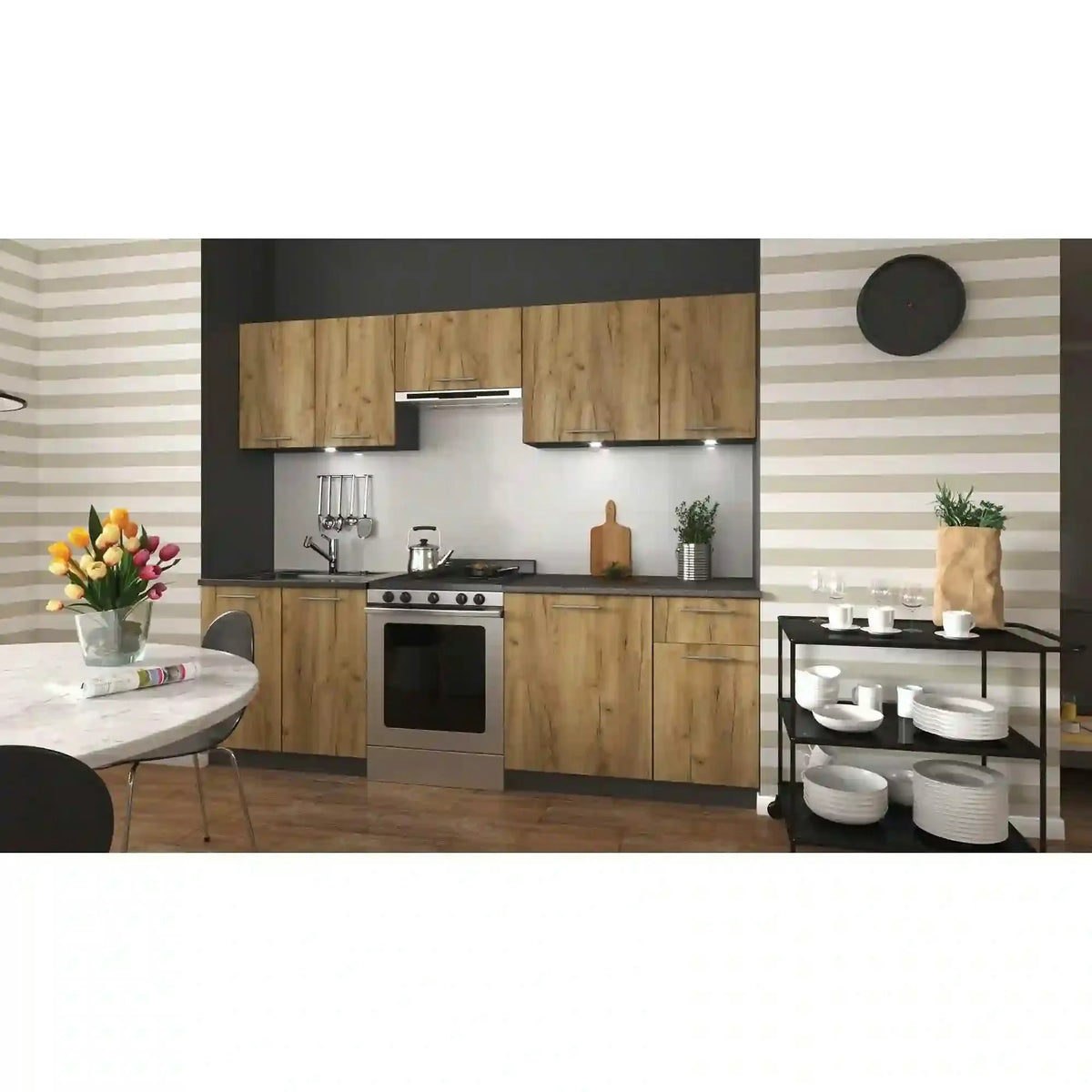 Set bucatarie DARIA, stejar craft/gri cu efect de marmura, PAL laminat/sticla, 240 cm