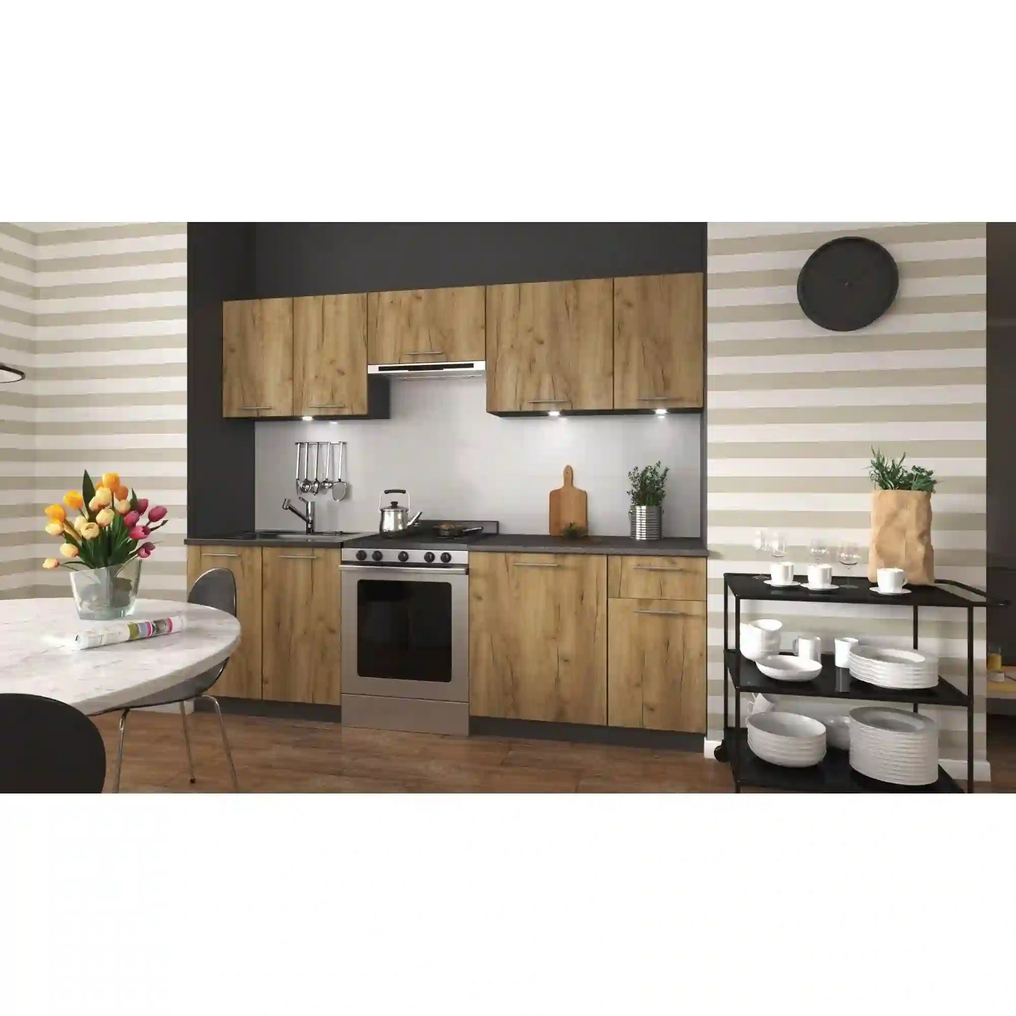 Set bucatarie DARIA, stejar craft/gri cu efect de marmura, PAL laminat/sticla, 240 cm