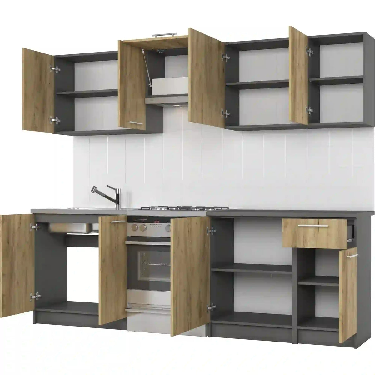 Set bucatarie DARIA, stejar craft/gri cu efect de marmura, PAL laminat/sticla, 240 cm