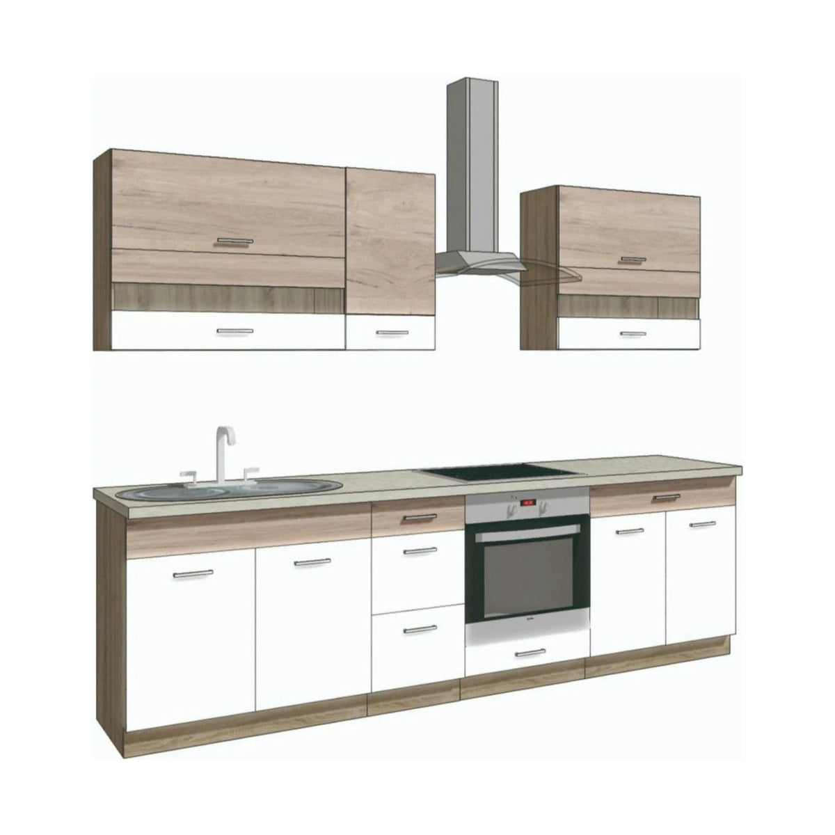 Set bucatarie ECONO A, carcasa stejar sonoma/fronturi stejar san remo si alb lucios, PAL, 270 cm, cu blatul trawertyn si plinta inclusa