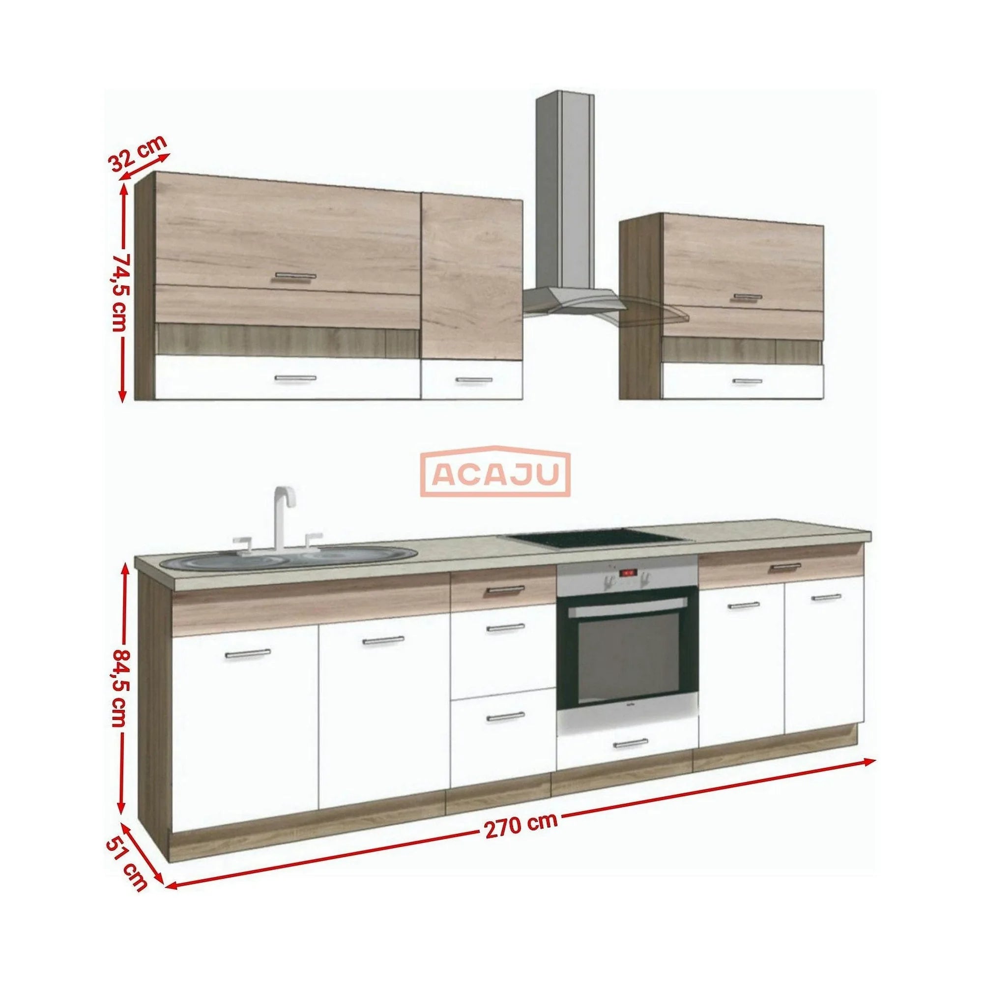 Set bucatarie ECONO A, carcasa stejar sonoma/fronturi stejar san remo si alb lucios, PAL, 270 cm, cu blatul trawertyn si plinta inclusa