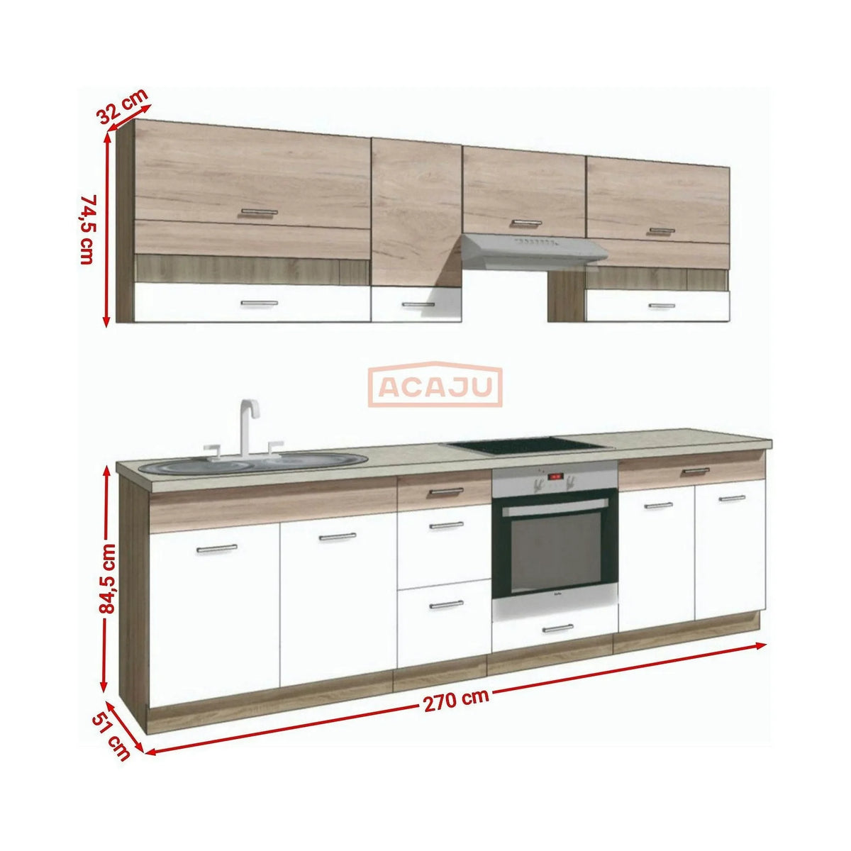 Set bucatarie ECONO A PLUS, carcasa stejar sonoma/fronturi stejar san remo si alb lucios, PAL, 270 cm, cu blatul trawertyn si plinta inclusa