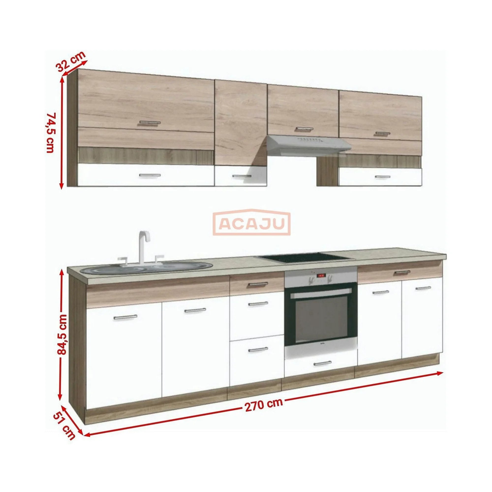 Set bucatarie ECONO A PLUS, carcasa stejar sonoma/fronturi stejar san remo si alb lucios, PAL, 270 cm, cu blatul trawertyn si plinta inclusa