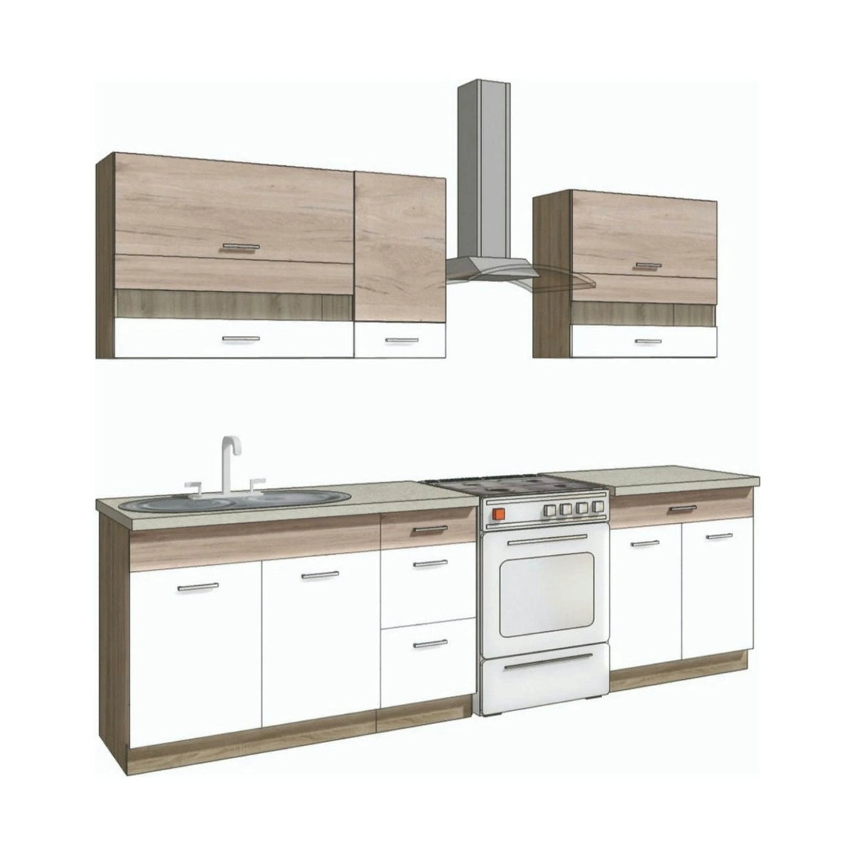 Set bucatarie ECONO B, carcasa stejar sonoma/fronturi stejar san remo si alb lucios, PAL, 270 cm, cu blatul trawertyn si plinta inclusa