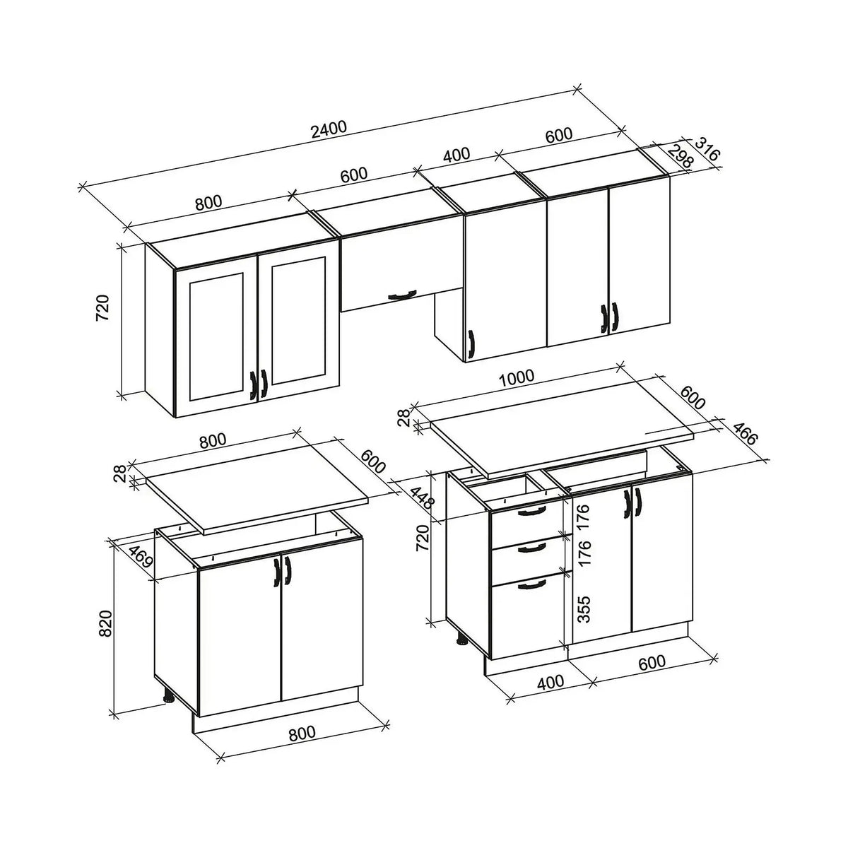 Set bucatarie ELIZABETH, stejar sonoma/alb/alb mat, 240 cm