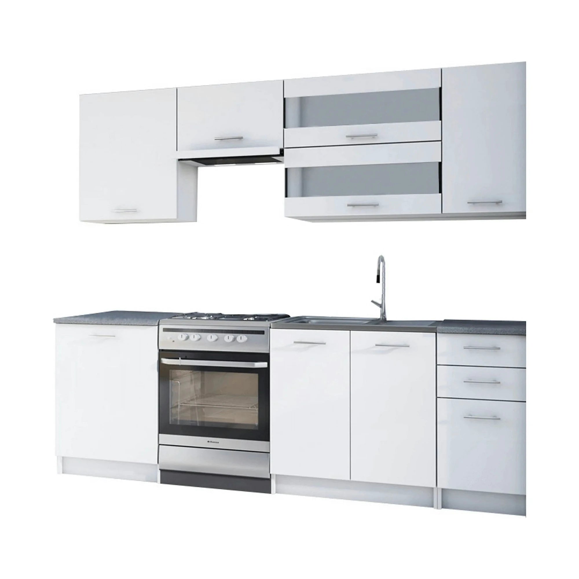 Set bucatarie FABIANA, alb/gri cu efect de marmura, PAL melaminat, 240 cm