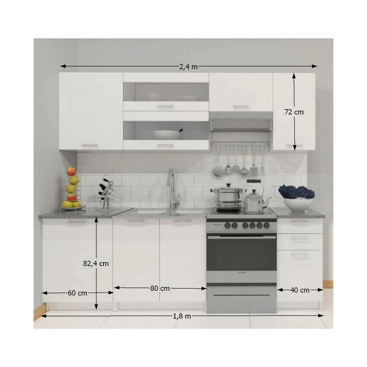 Set bucatarie FABIANA, alb/gri cu efect de marmura, PAL melaminat, 240 cm