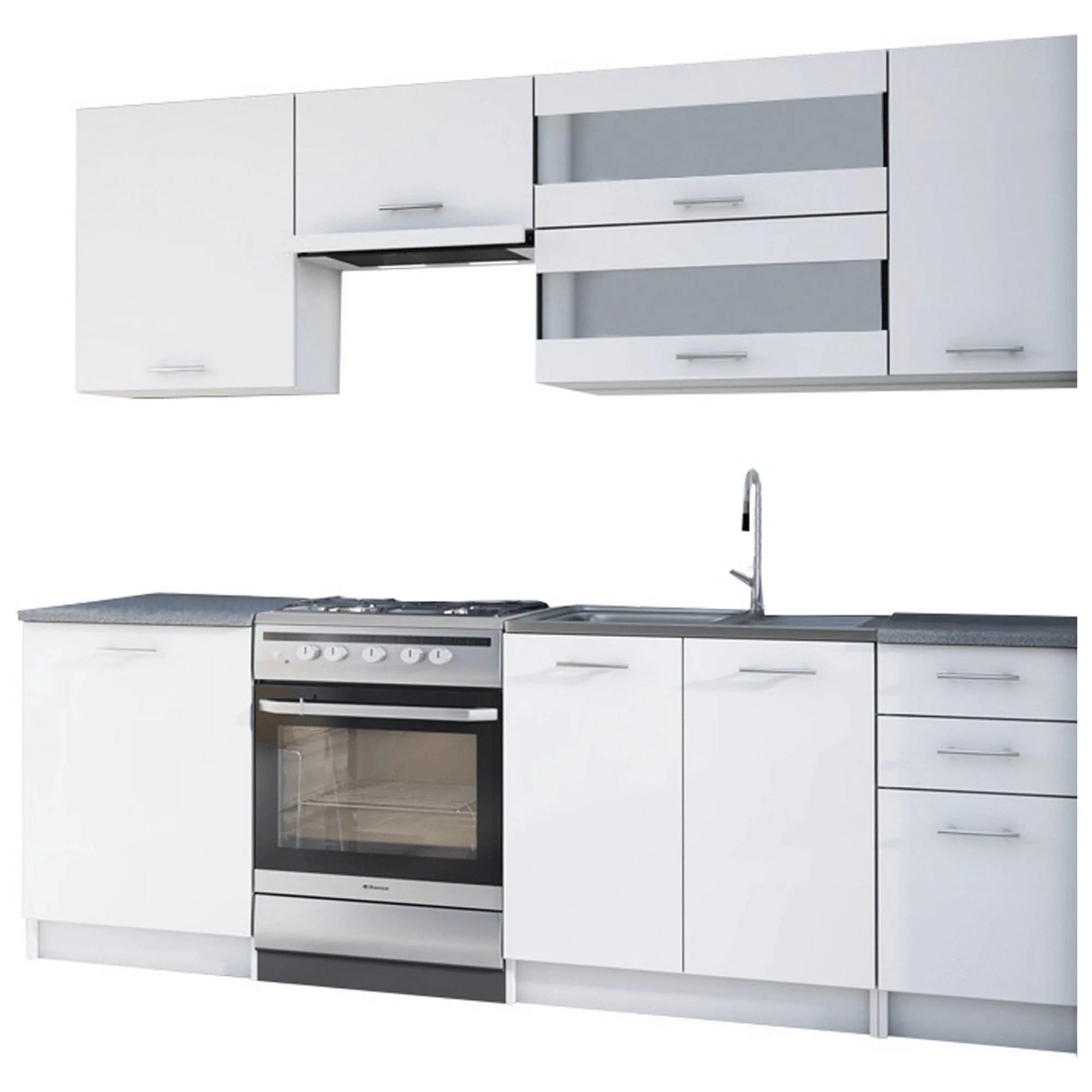 Set bucatarie FABIANA, alb/gri cu efect de marmura, PAL melaminat, 240 cm