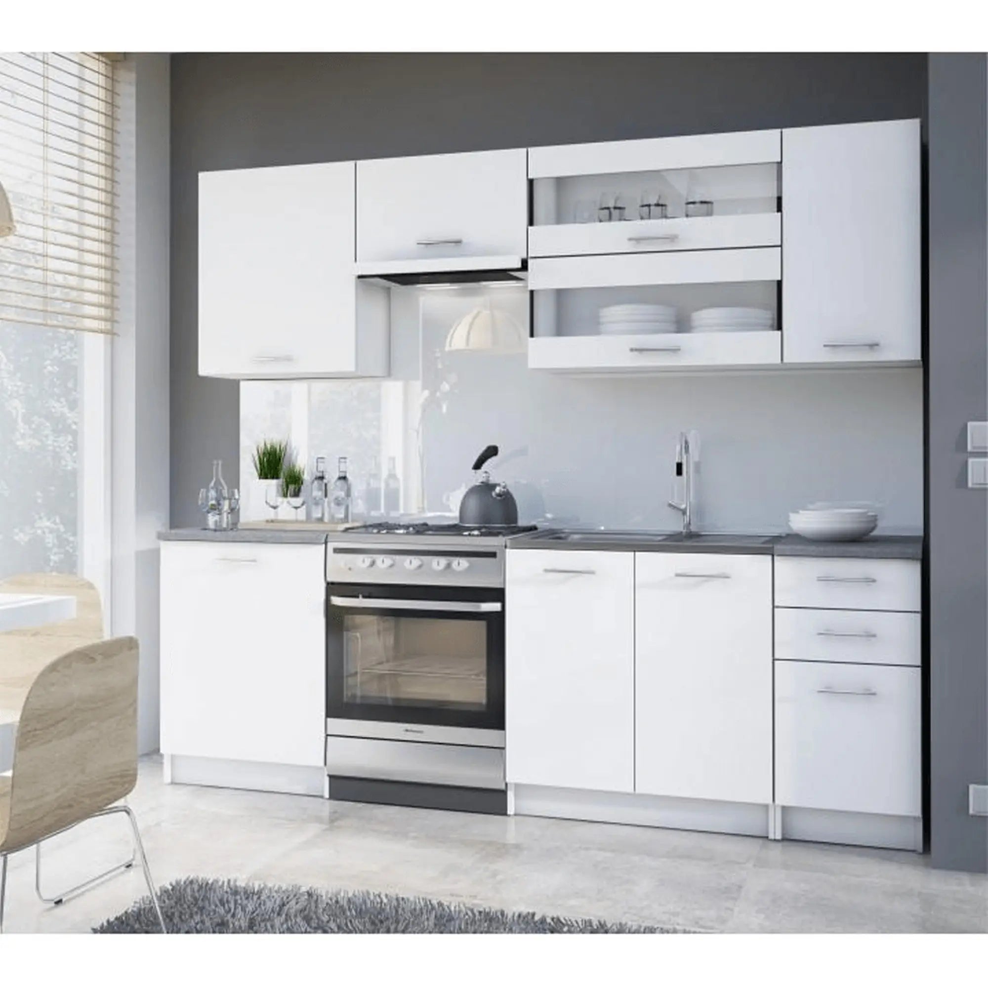 Set bucatarie FABIANA, alb/gri cu efect de marmura, PAL melaminat, 240 cm