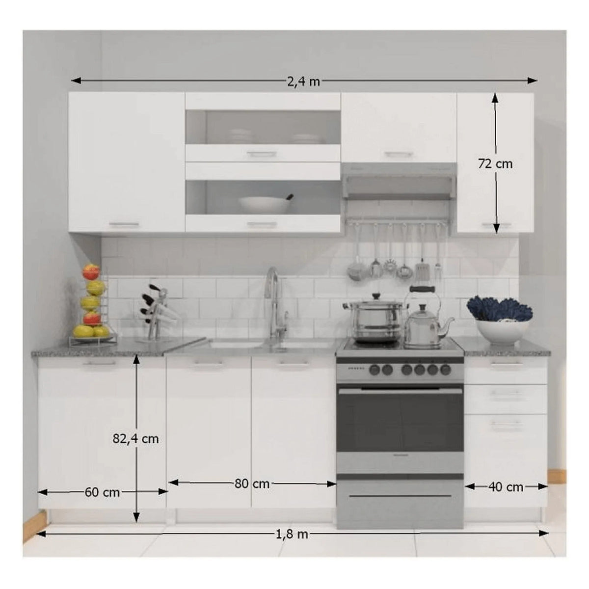 Set bucatarie FABIANA, alb/gri cu efect de marmura, PAL melaminat, 240 cm