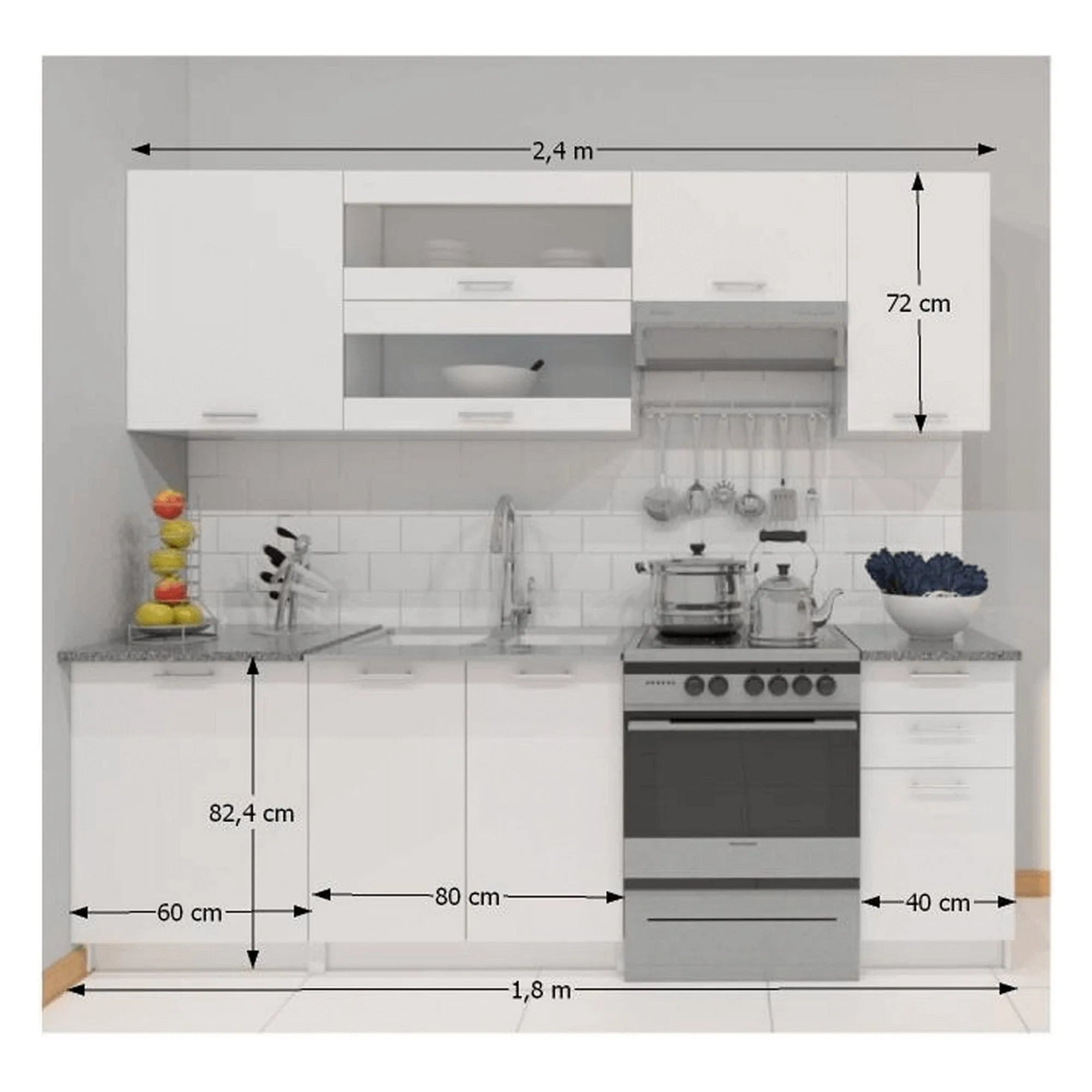 Set bucatarie FABIANA, alb/gri cu efect de marmura, PAL melaminat, 240 cm