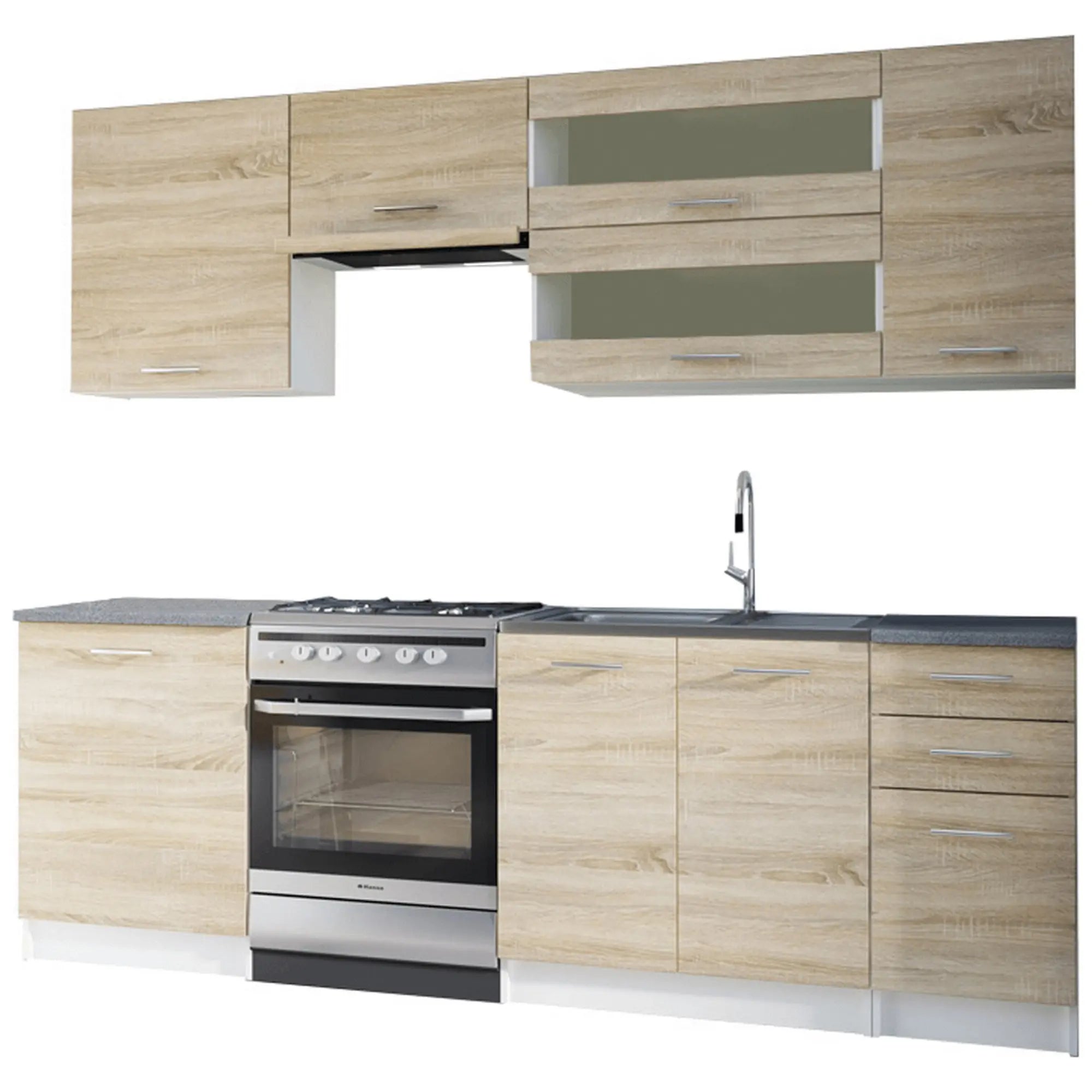 Set bucatarie FABIANA, stejar sonoma/gri cu efect de marmura, PAL melaminat, 240 cm