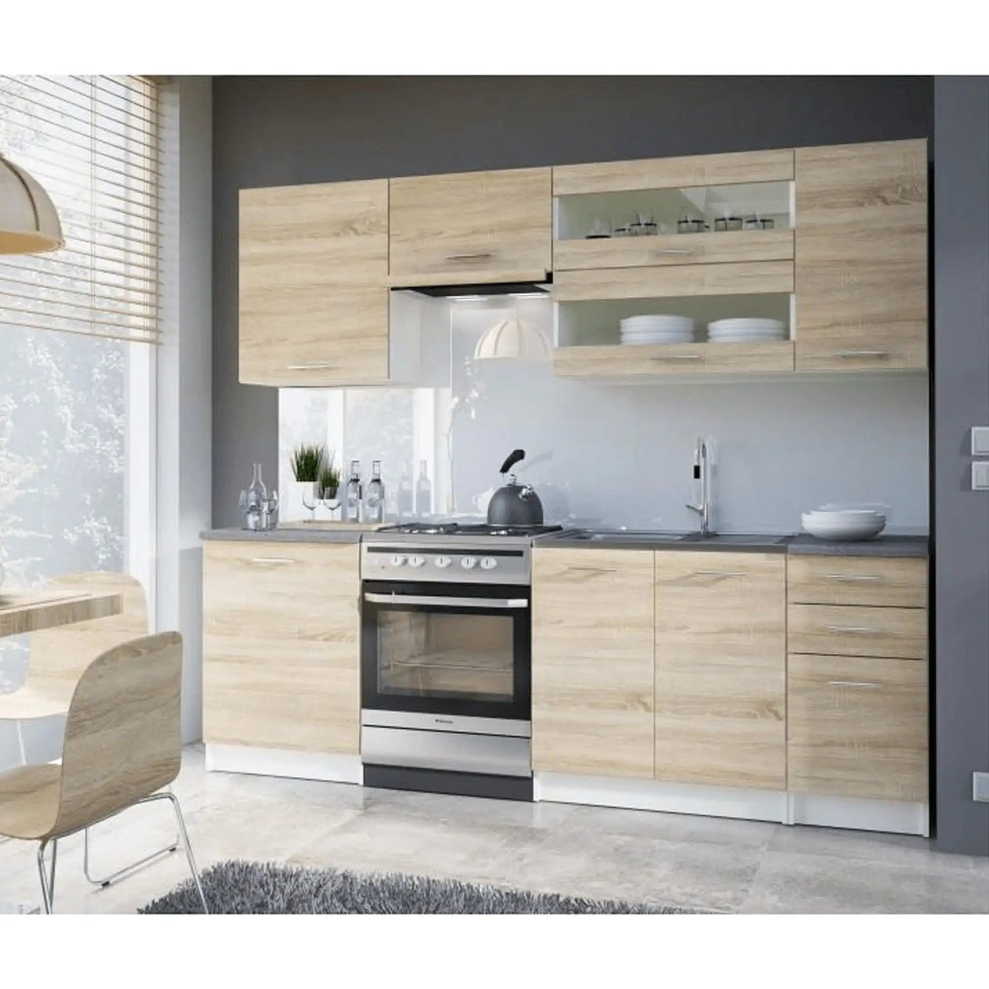 Set bucatarie FABIANA, stejar sonoma/gri cu efect de marmura, PAL melaminat, 240 cm