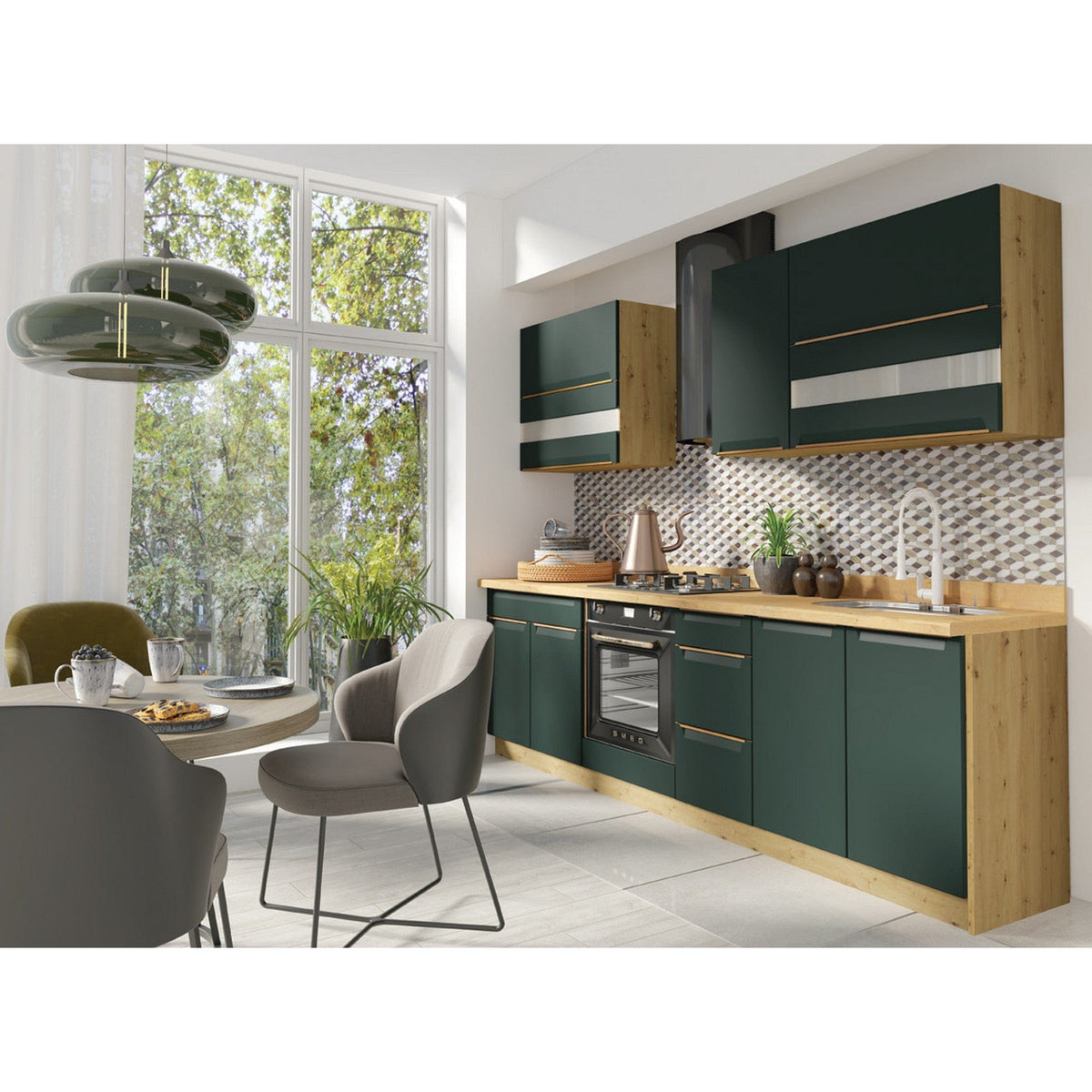 Set bucatarie GLAMOUR A, carcasa stejar artisan/fronturi verde mat, PAL, 270 cm, cu blatul artisan, plinta superioara si inferioara incluse