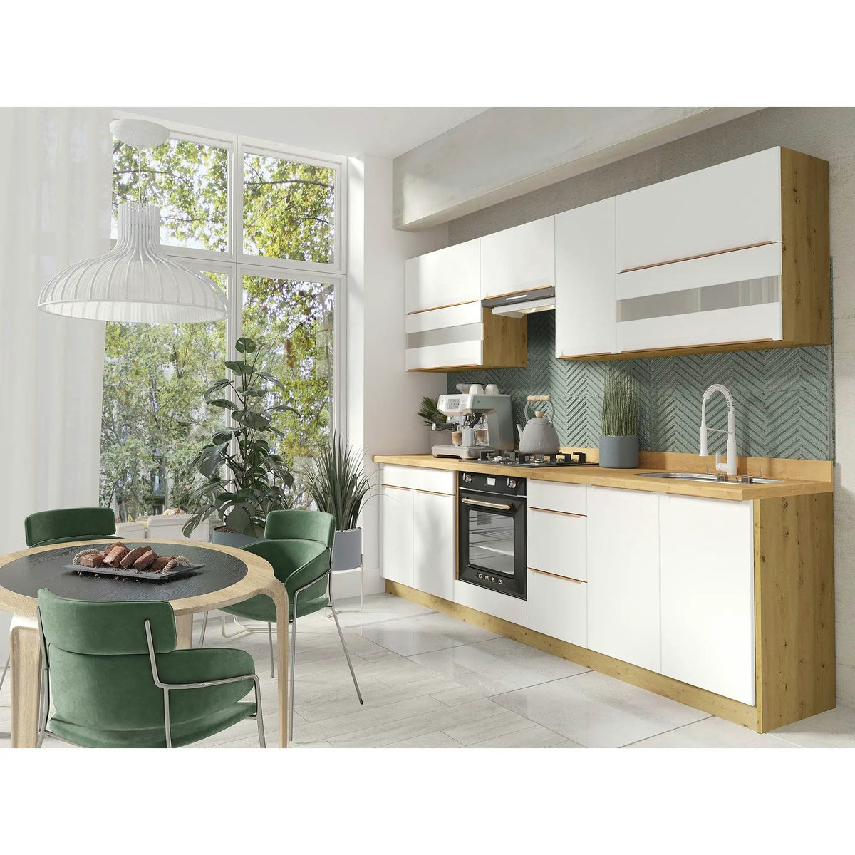 Set bucatarie GLAMOUR C PLUS, carcasa stejar artisan/fronturi alb mat, PAL, 260 cm, cu blatul artisan, plinta superioara si inferioara incluse