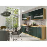 Set bucatarie GLAMOUR C PLUS, carcasa stejar artisan/fronturi verde mat, PAL, 260 cm, cu blatul artisan, plinta superioara si inferioara incluse