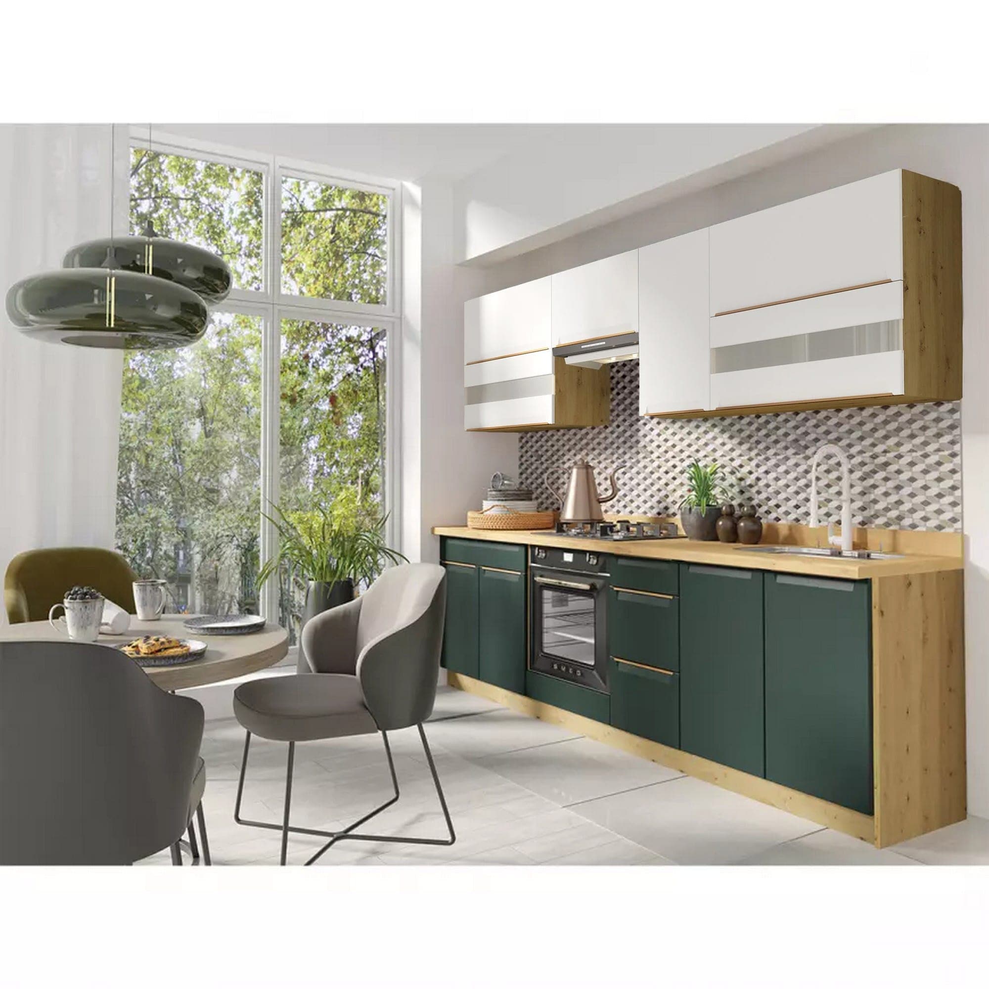 Set bucatarie GLAMOUR C PLUS, carcasa stejar artisan/fronturi verde mat si alb, PAL, 260 cm, cu blatul artisan, plinta superioara si inferioara incluse