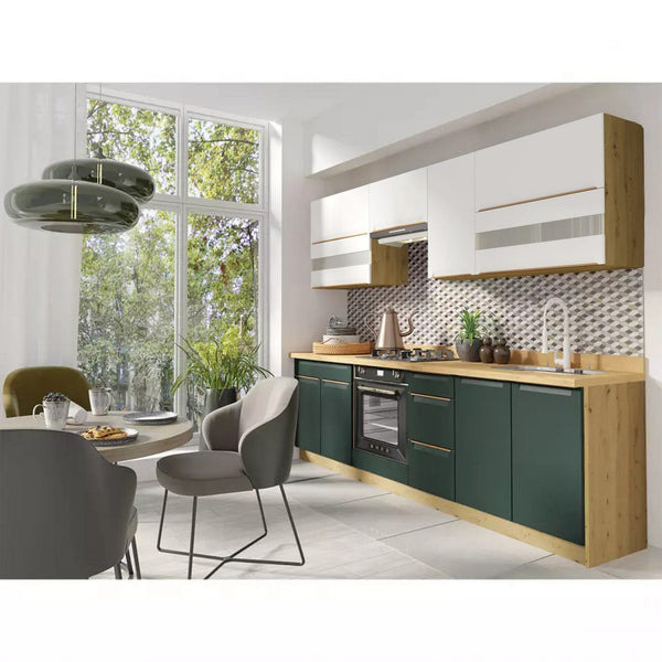 Set bucatarie GLAMOUR C PLUS, carcasa stejar artisan/fronturi verde mat si alb, PAL, 260 cm, cu blatul artisan, plinta superioara si inferioara incluse