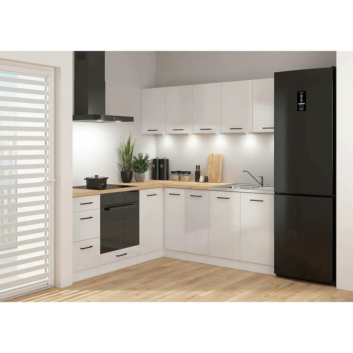 Set bucatarie JUNONA LINE, alb lucios, PAL, 200x200 cm, cu blat stejar artisan