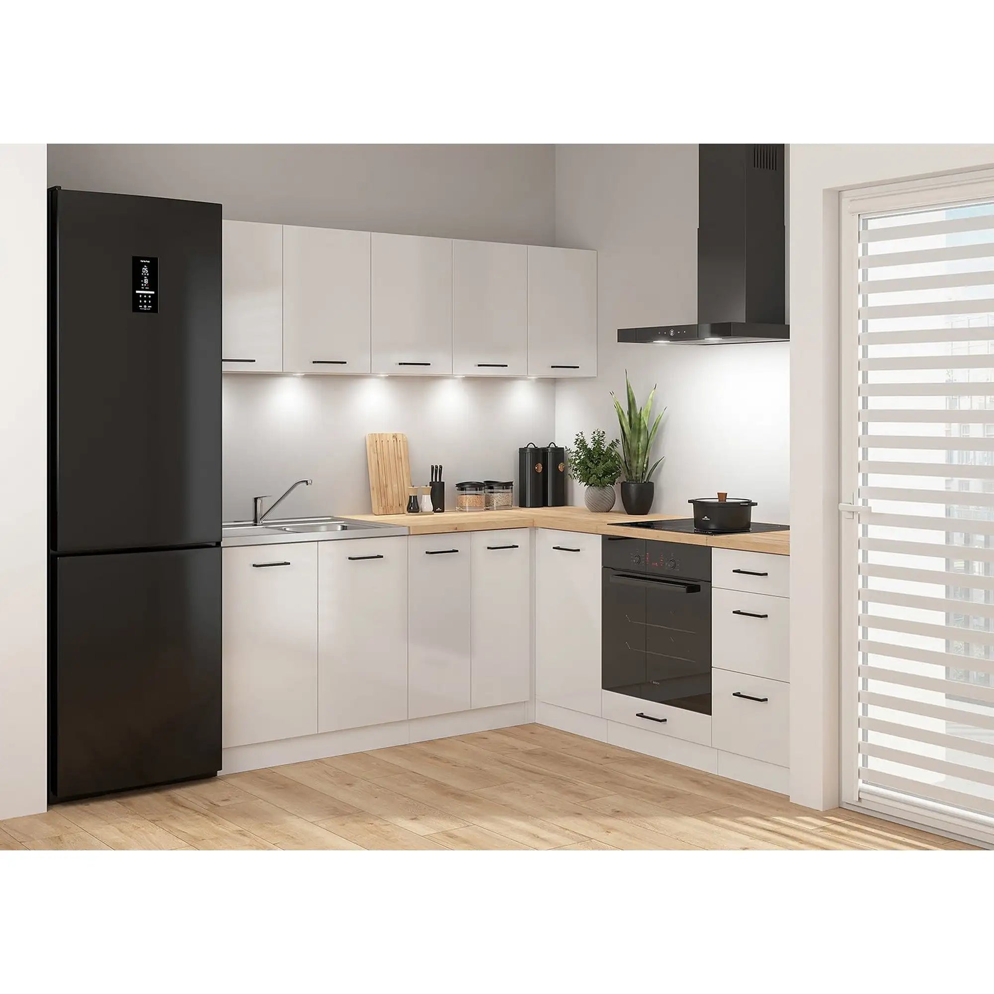 Set bucatarie JUNONA LINE, alb lucios, PAL, 200x200 cm, cu blat stejar artisan