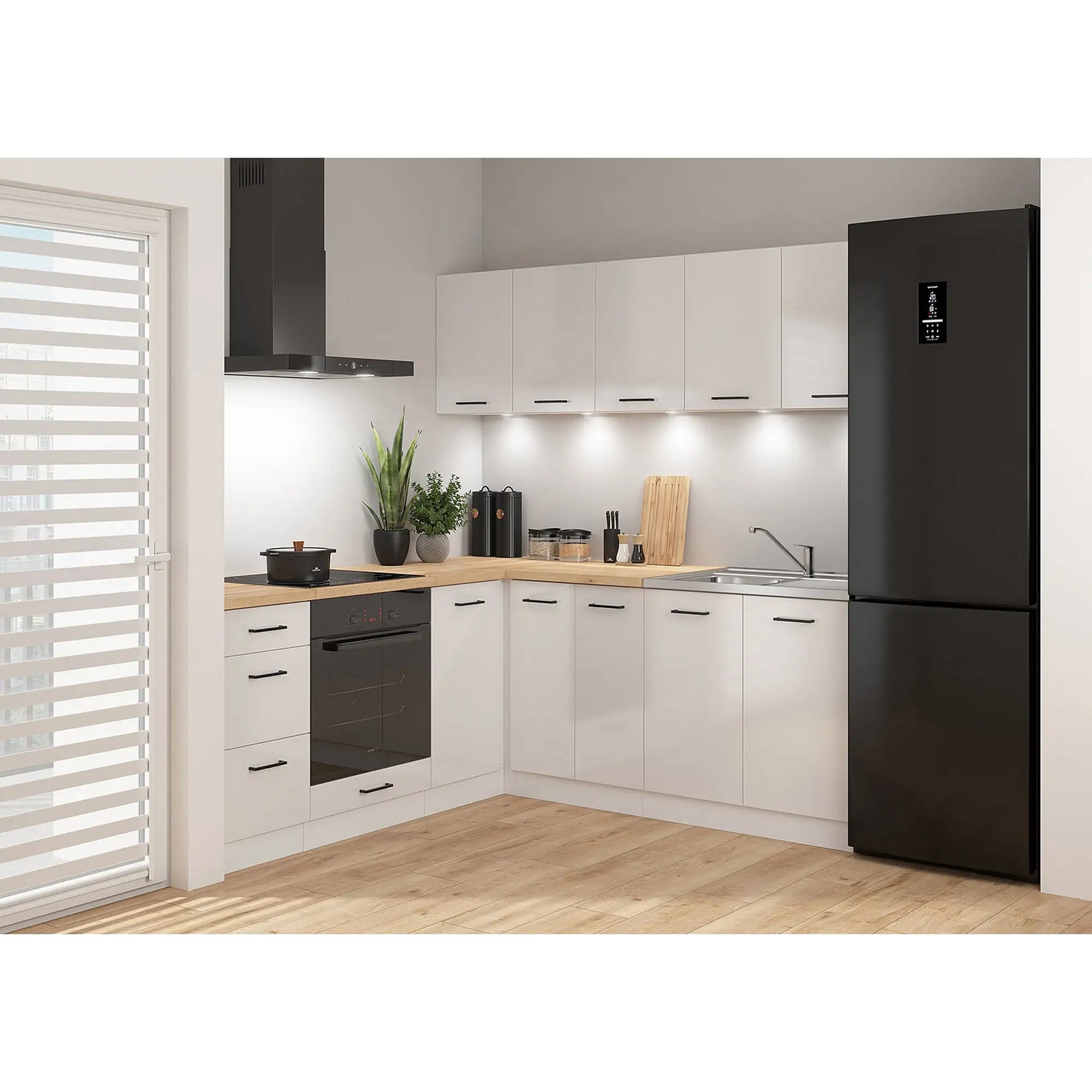 Set bucatarie JUNONA LINE, alb lucios, PAL, 200x200 cm, cu blat stejar artisan