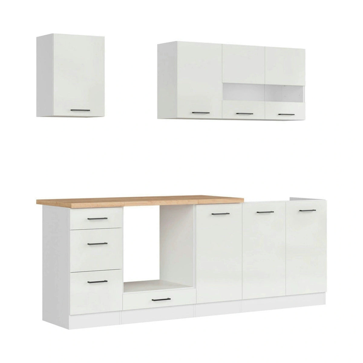Set bucatarie JUNONA LINE, alb lucios, PAL, 220 cm, cu blat stejar artisan