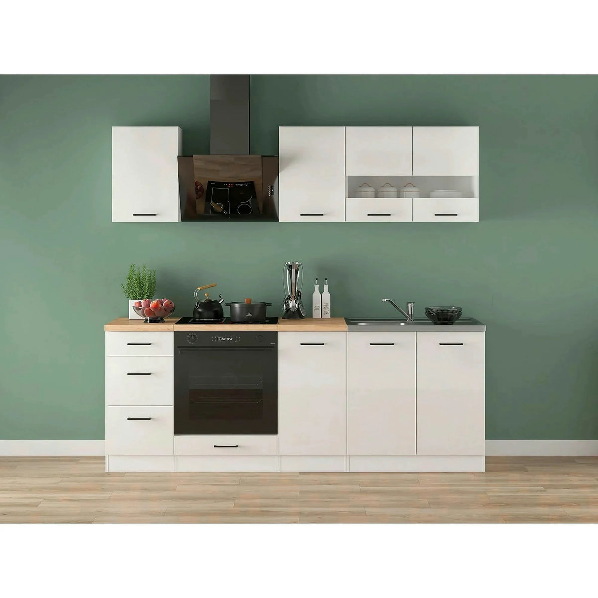 Set bucatarie JUNONA LINE, alb lucios, PAL, 220 cm, cu blat stejar artisan
