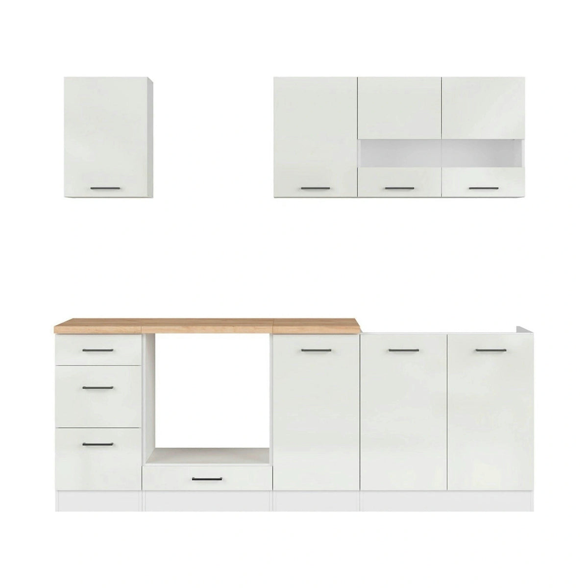 Set bucatarie JUNONA LINE, alb lucios, PAL, 220 cm, cu blat stejar artisan